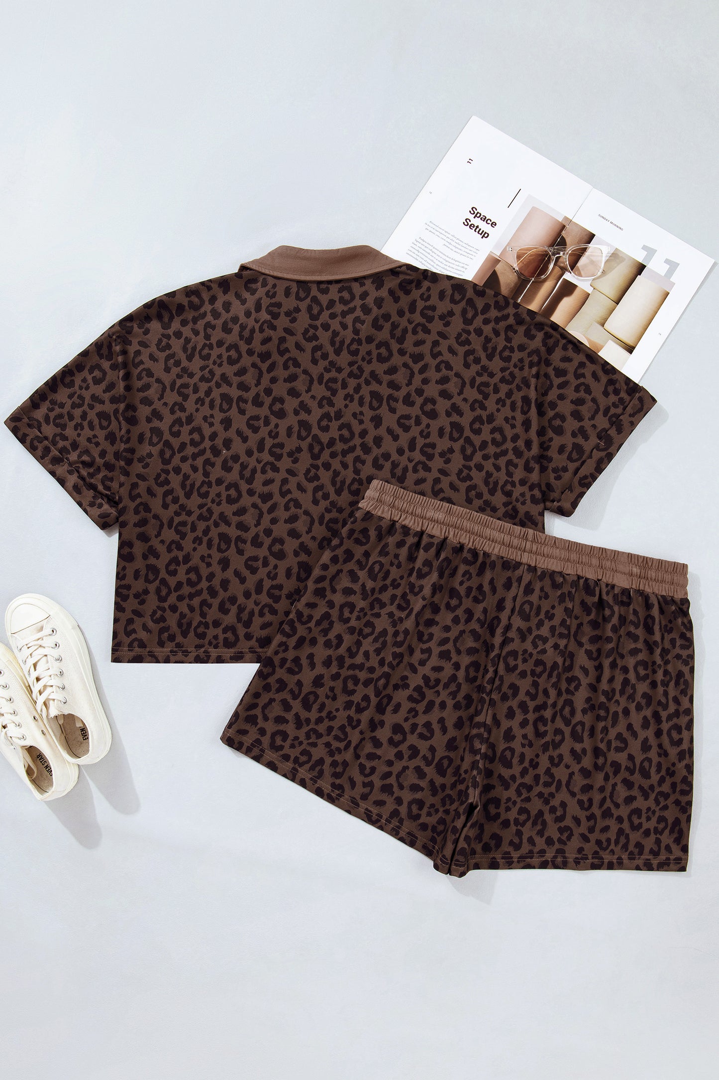 Brown Plus Size Leopard Short Set-Plus Size/Plus Size Loungewear-[Adult]-[Female]-2022 Online Blue Zone Planet