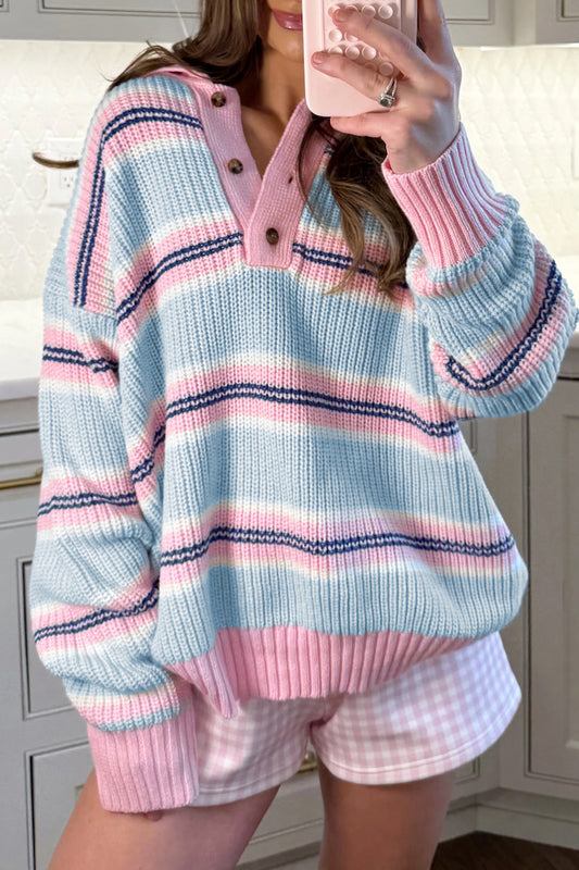 Sky Blue Stripe Striped Button Collar Long Sleeve Shift Fit Winter Knitwear Sweater-TOPS / DRESSES-[Adult]-[Female]-2022 Online Blue Zone Planet