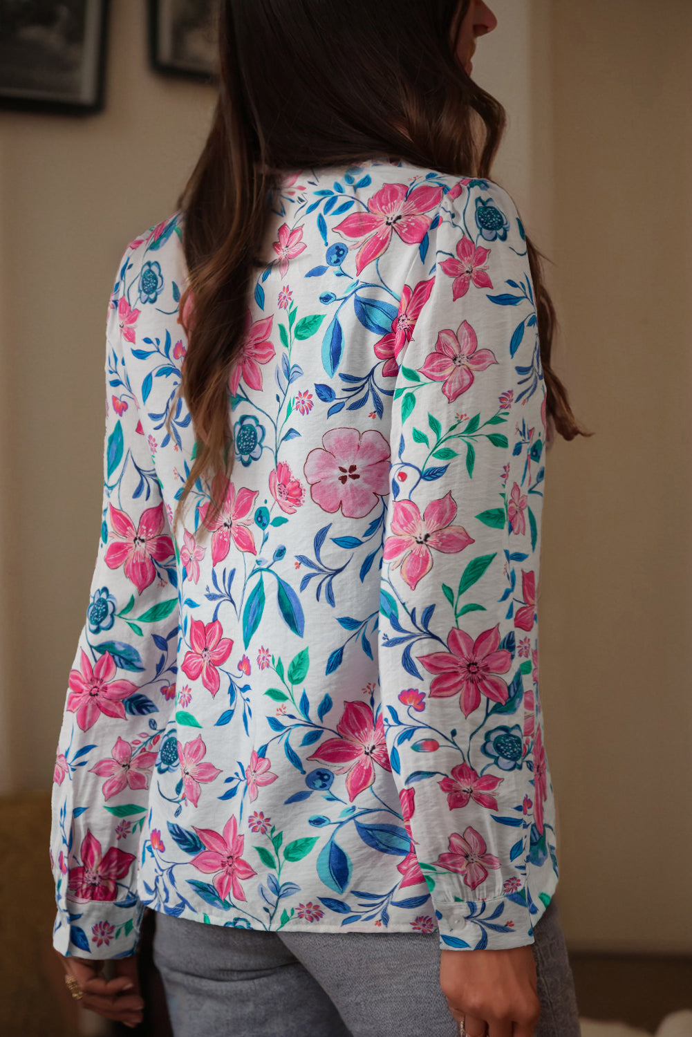 Pink Floral Print Lace Detail Button-up Long Sleeve Shirt-Tops/Blouses & Shirts-[Adult]-[Female]-2022 Online Blue Zone Planet