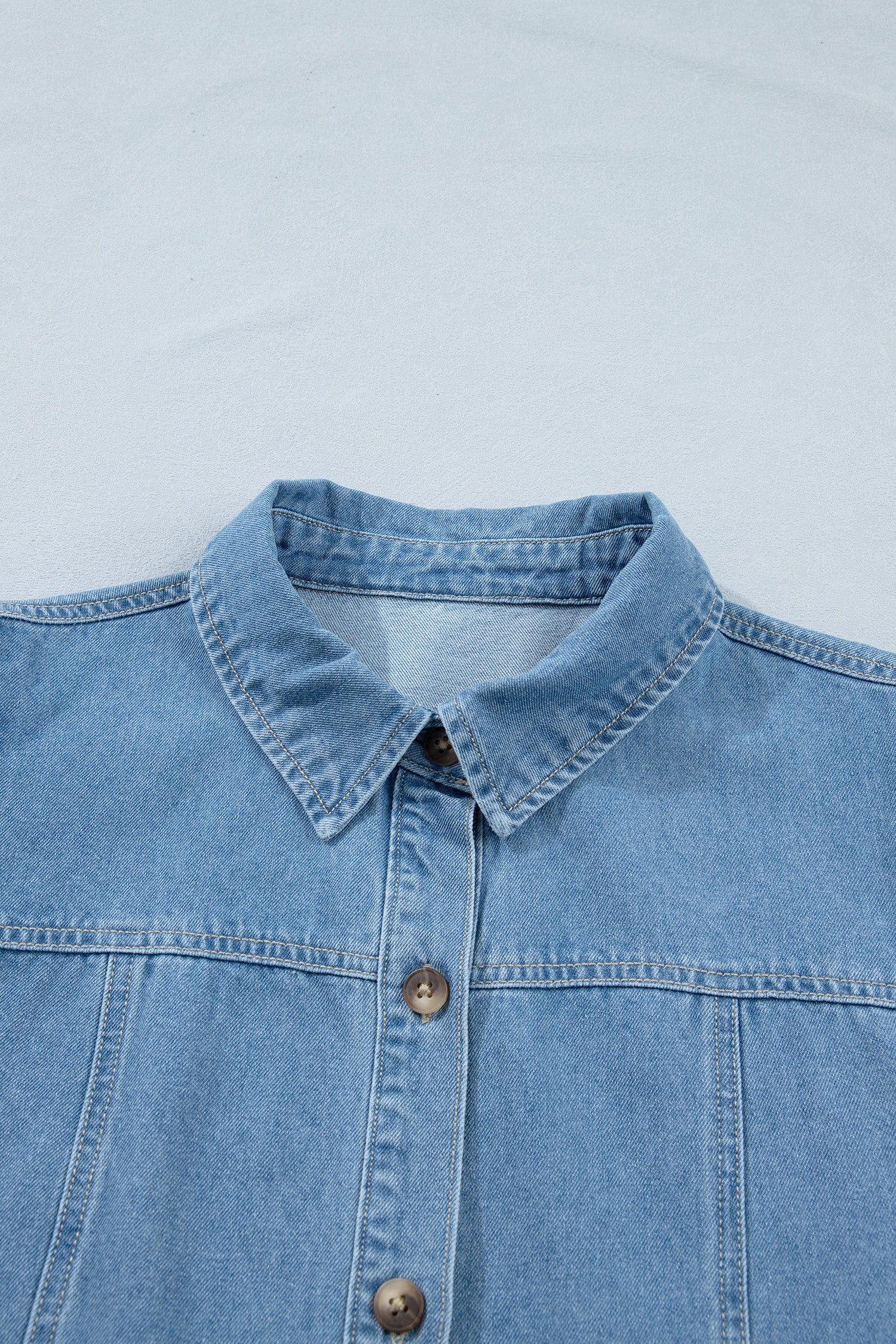 Beau Blue Button Down Short Puff Sleeve Ruffle Hem Patchwork Denim Dress-TOPS / DRESSES-[Adult]-[Female]-2022 Online Blue Zone Planet
