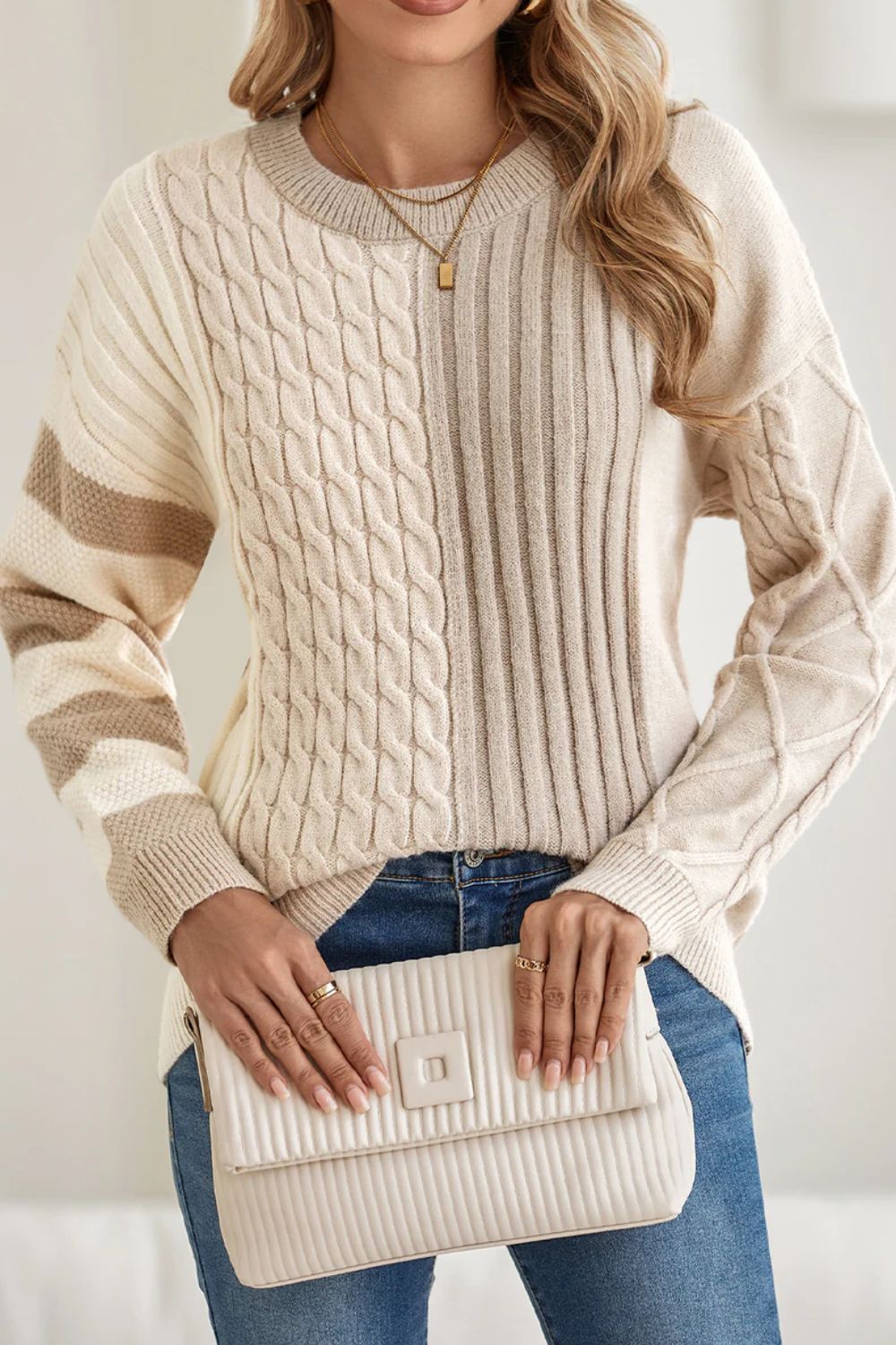 Cable-Knit Color Block Round Neck Sweater-TOPS / DRESSES-[Adult]-[Female]-2022 Online Blue Zone Planet