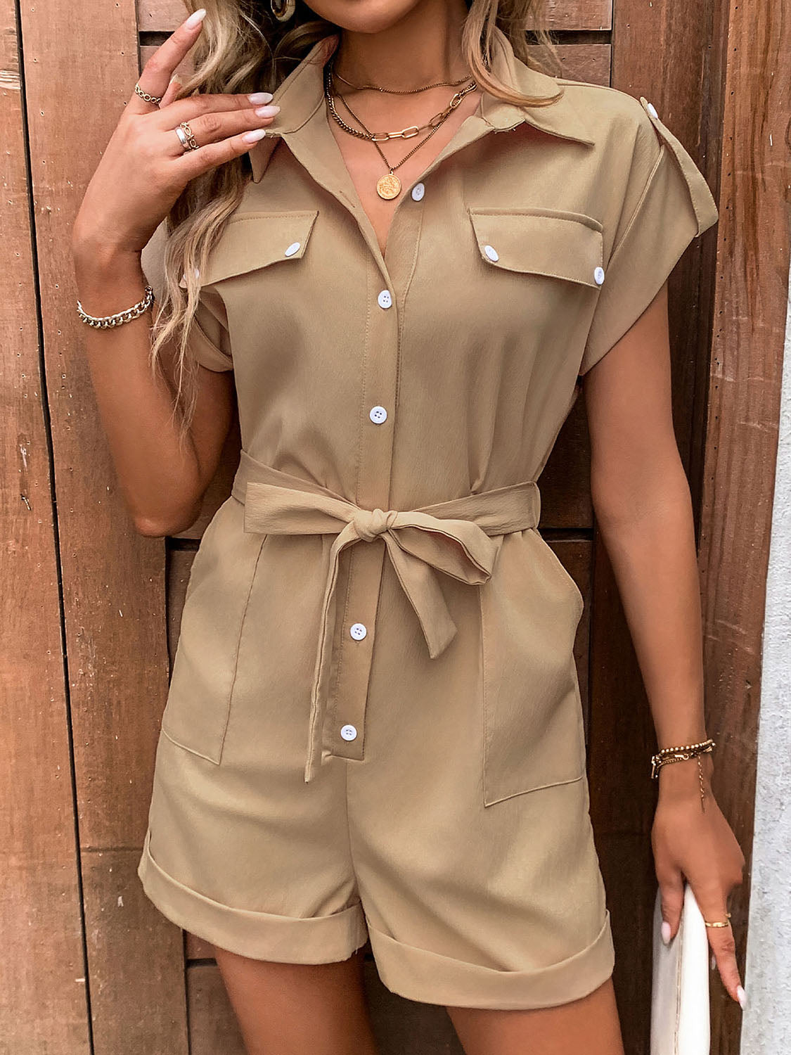 Perfee Collared Neck Tie Waist Romper with Pockets-TOPS / DRESSES-[Adult]-[Female]-Camel-S-2022 Online Blue Zone Planet