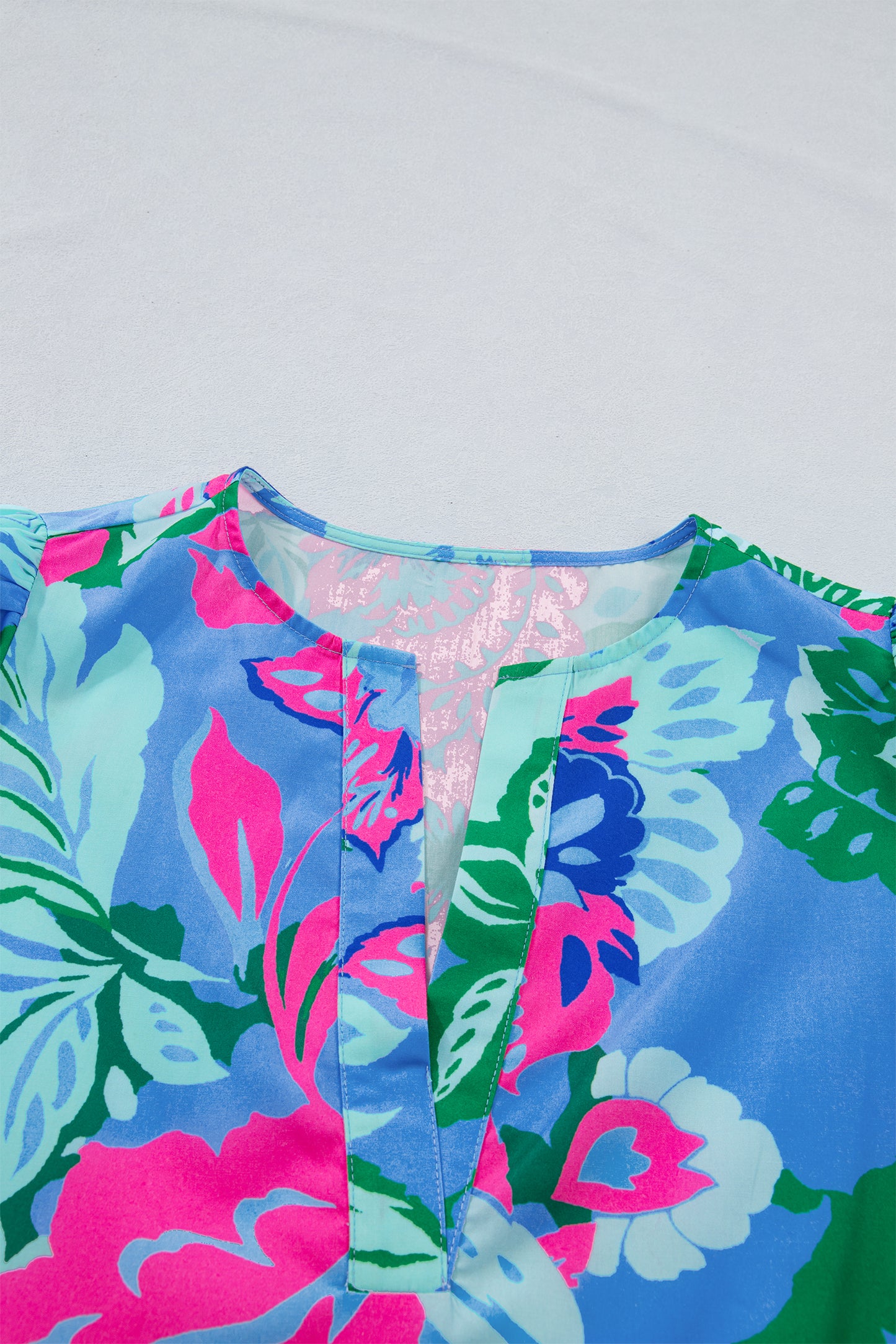 Sky Blue Floral Print V Neck Half Sleeve Blouse-Tops/Blouses & Shirts-[Adult]-[Female]-2022 Online Blue Zone Planet