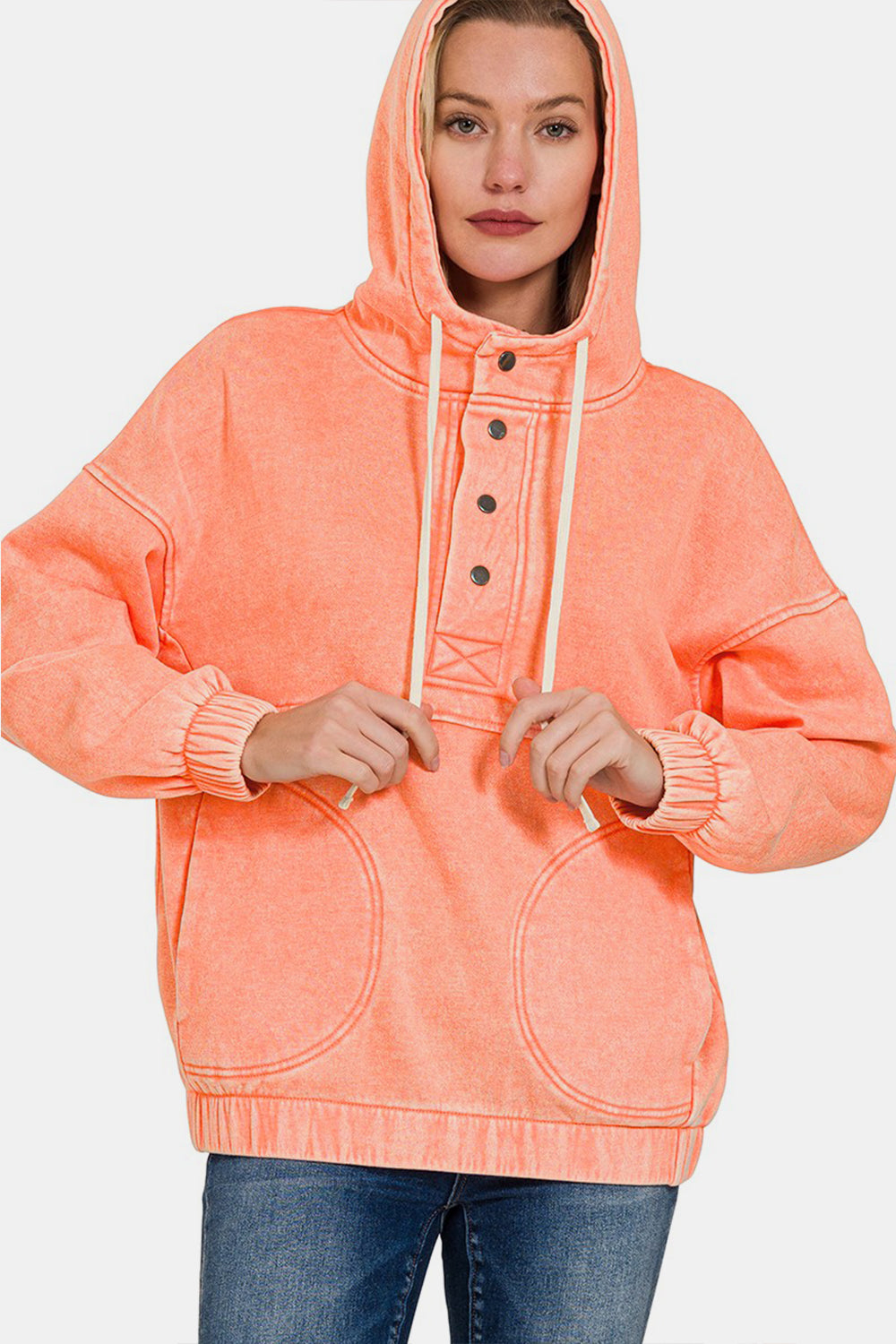 Zenana Drawstring Half Snap Dropped Shoulder Hoodie-HOODIES-[Adult]-[Female]-CORAL-S-2022 Online Blue Zone Planet