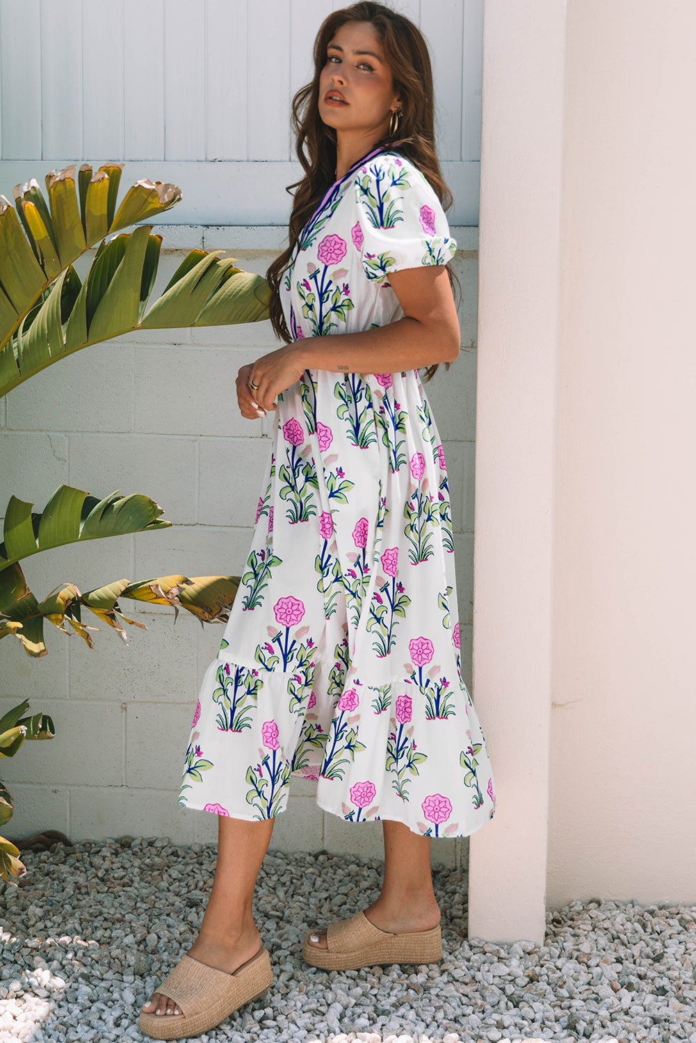White Floral Puff Short Sleeve V Neck High Waist Maxi Dress-TOPS / DRESSES-[Adult]-[Female]-2022 Online Blue Zone Planet