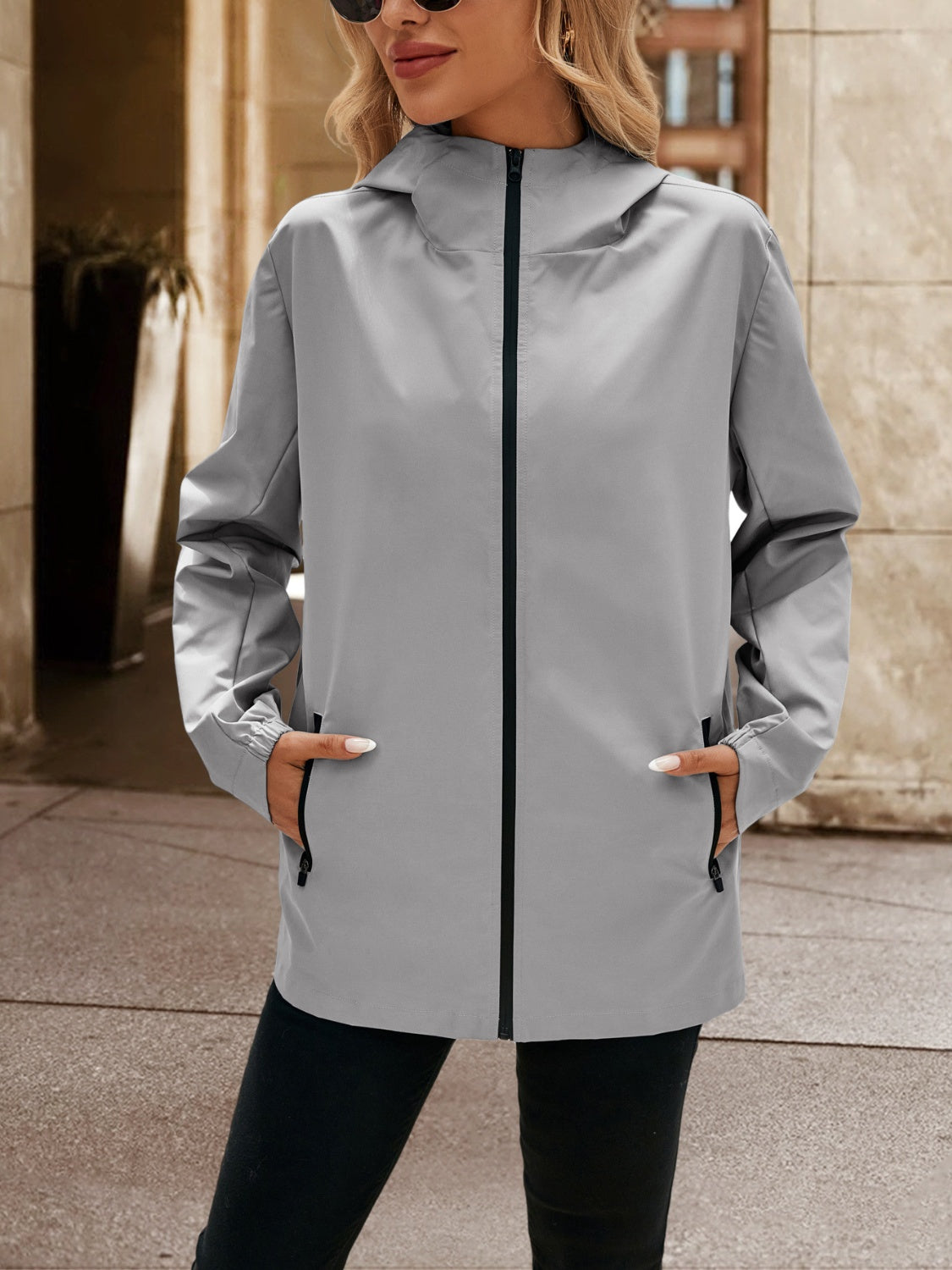 Pocketed Zip Up Hooded Jacket-TOPS / DRESSES-[Adult]-[Female]-2022 Online Blue Zone Planet