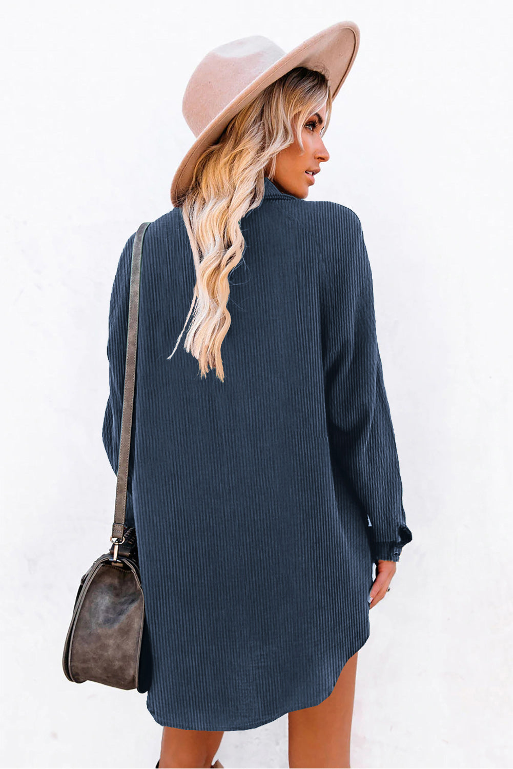Black Corduroy Shirt Style Full Button Long Sleeve Shift Mini Dress-TOPS / DRESSES-[Adult]-[Female]-2022 Online Blue Zone Planet