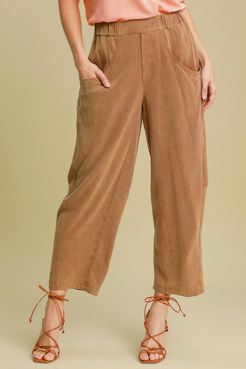 Umgee Elastic Waist Baggy Fit Pants with Pockets-BOTTOMS SIZES SMALL MEDIUM LARGE-[Adult]-[Female]-Caramel-S-2022 Online Blue Zone Planet