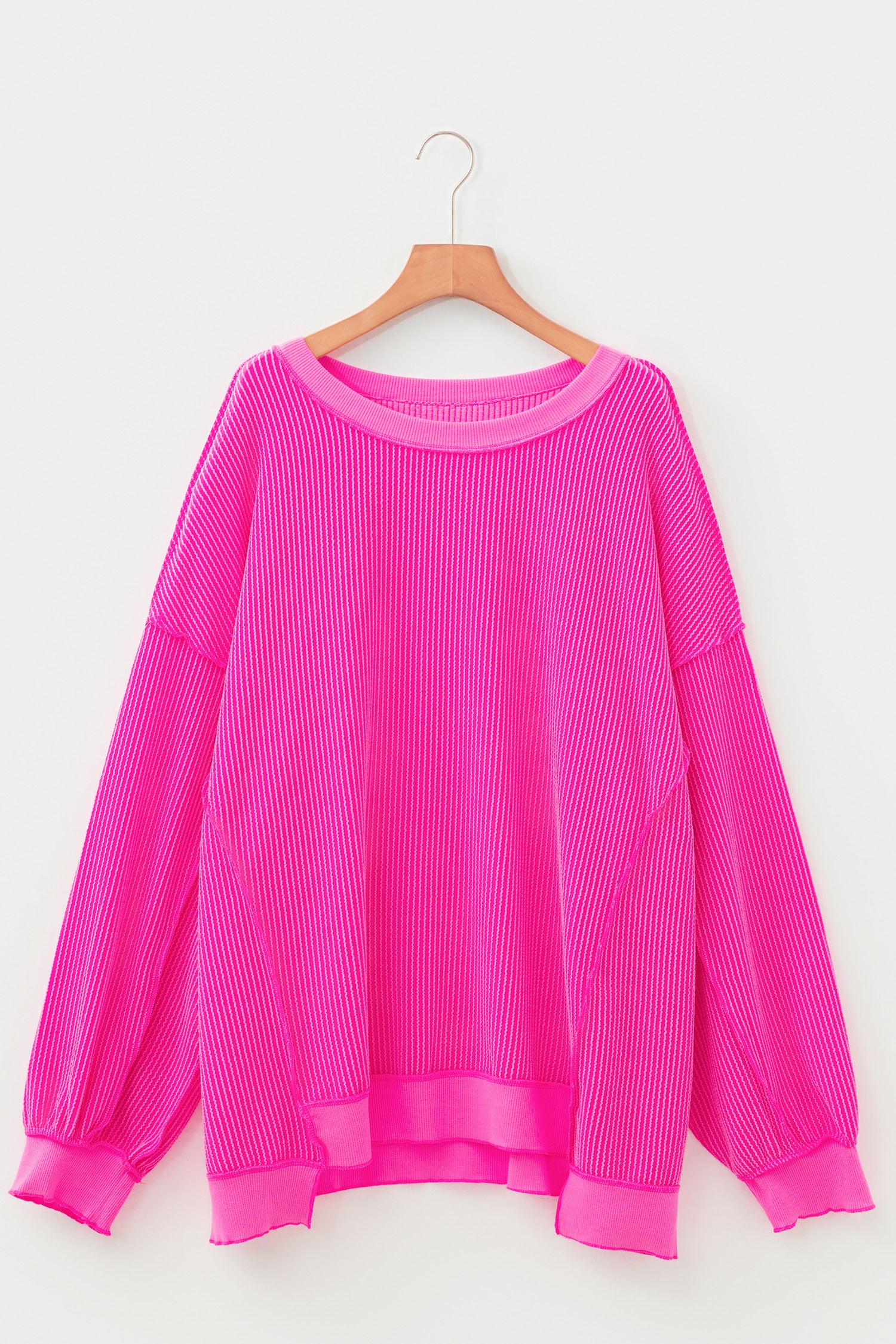 Rose Red Drop Shoulder Uneven Hem Plus Size Twisted Rib Top-Plus Size/Plus Size Tops/Plus Size Long Sleeve Tops-[Adult]-[Female]-2022 Online Blue Zone Planet