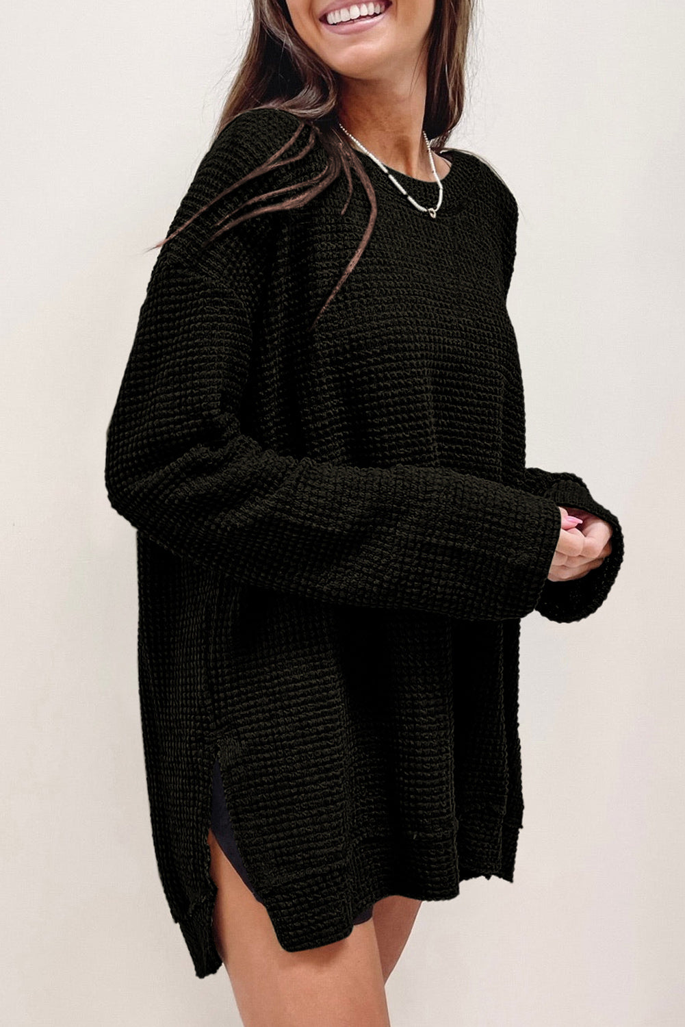 Black Waffle Knit High Slits Oversized Top-Tops/Long Sleeve Tops-[Adult]-[Female]-2022 Online Blue Zone Planet
