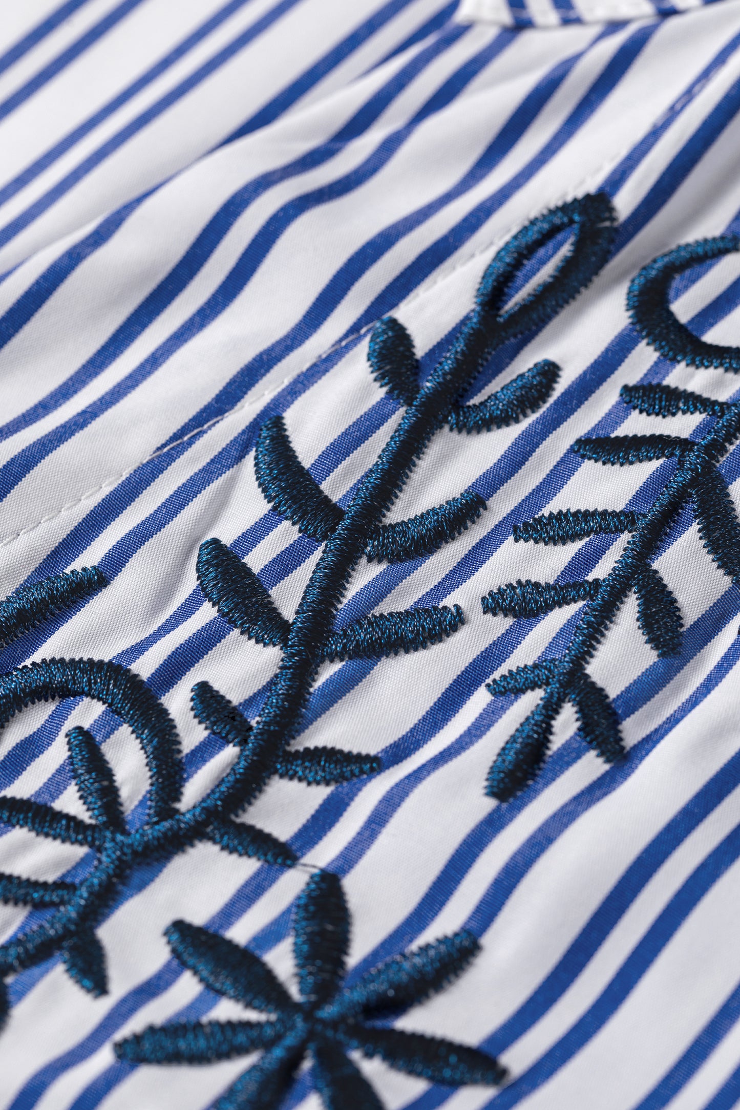Blue Stripe Embroidered Detail Button Front Long Sleeve Shirt-Tops/Blouses & Shirts-[Adult]-[Female]-2022 Online Blue Zone Planet