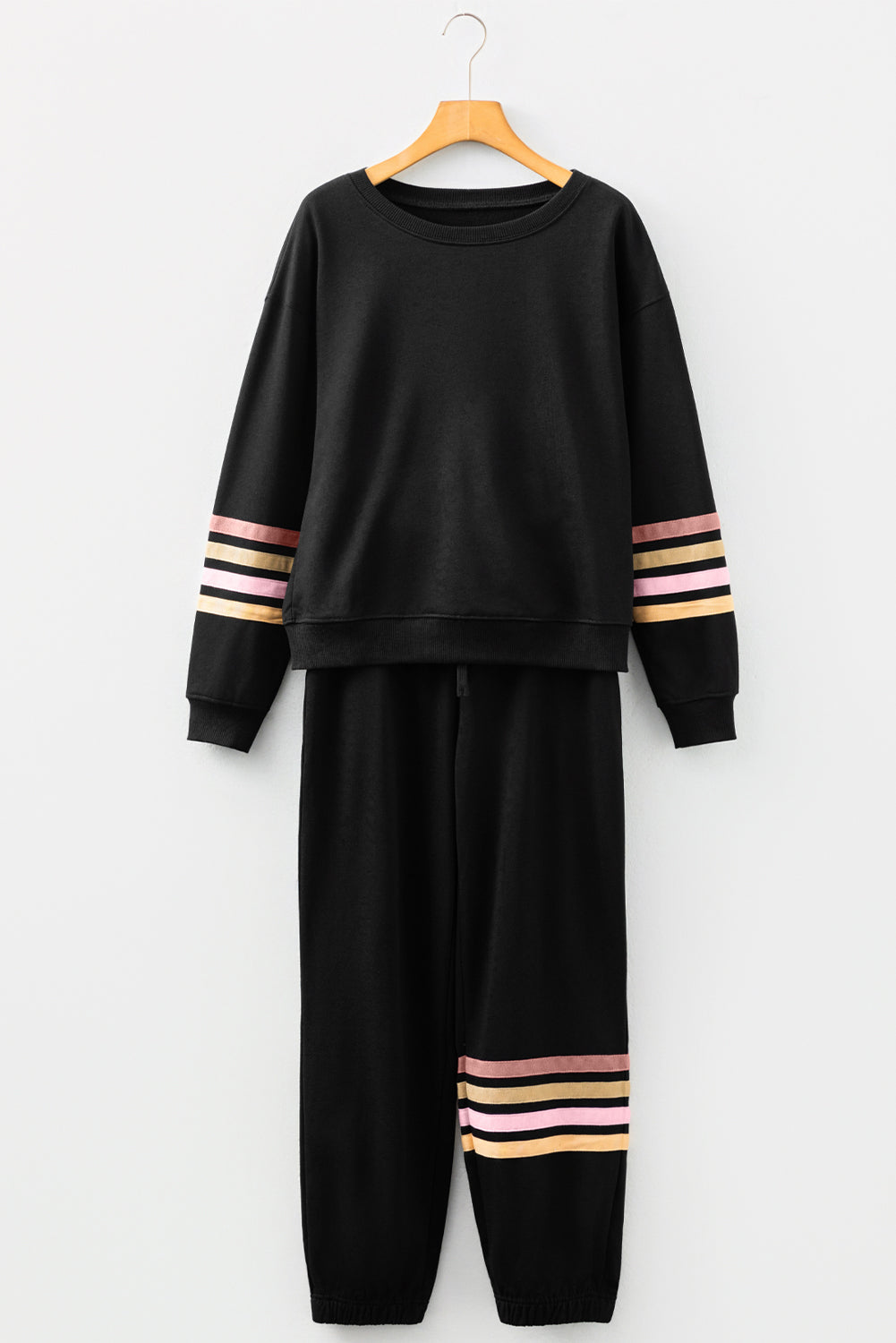 Black Striped Drop Shoulder Round Neck Pullover and Jogger Pants Active Outfit-Two Piece Sets/Pant Sets-[Adult]-[Female]-2022 Online Blue Zone Planet