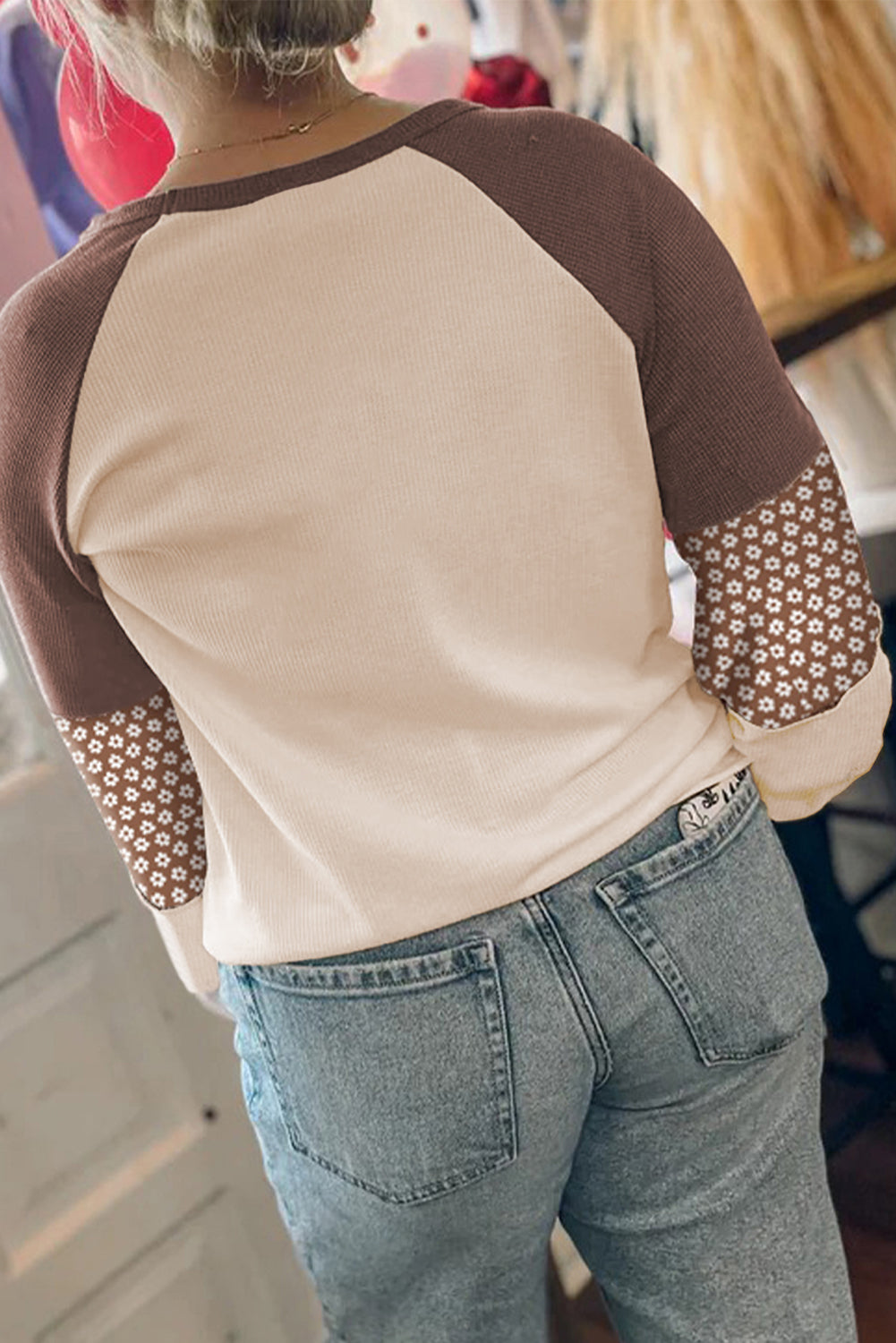 Brown Floral Print Patchwork Color Block Long Sleeve Top-Tops/Long Sleeve Tops-[Adult]-[Female]-2022 Online Blue Zone Planet