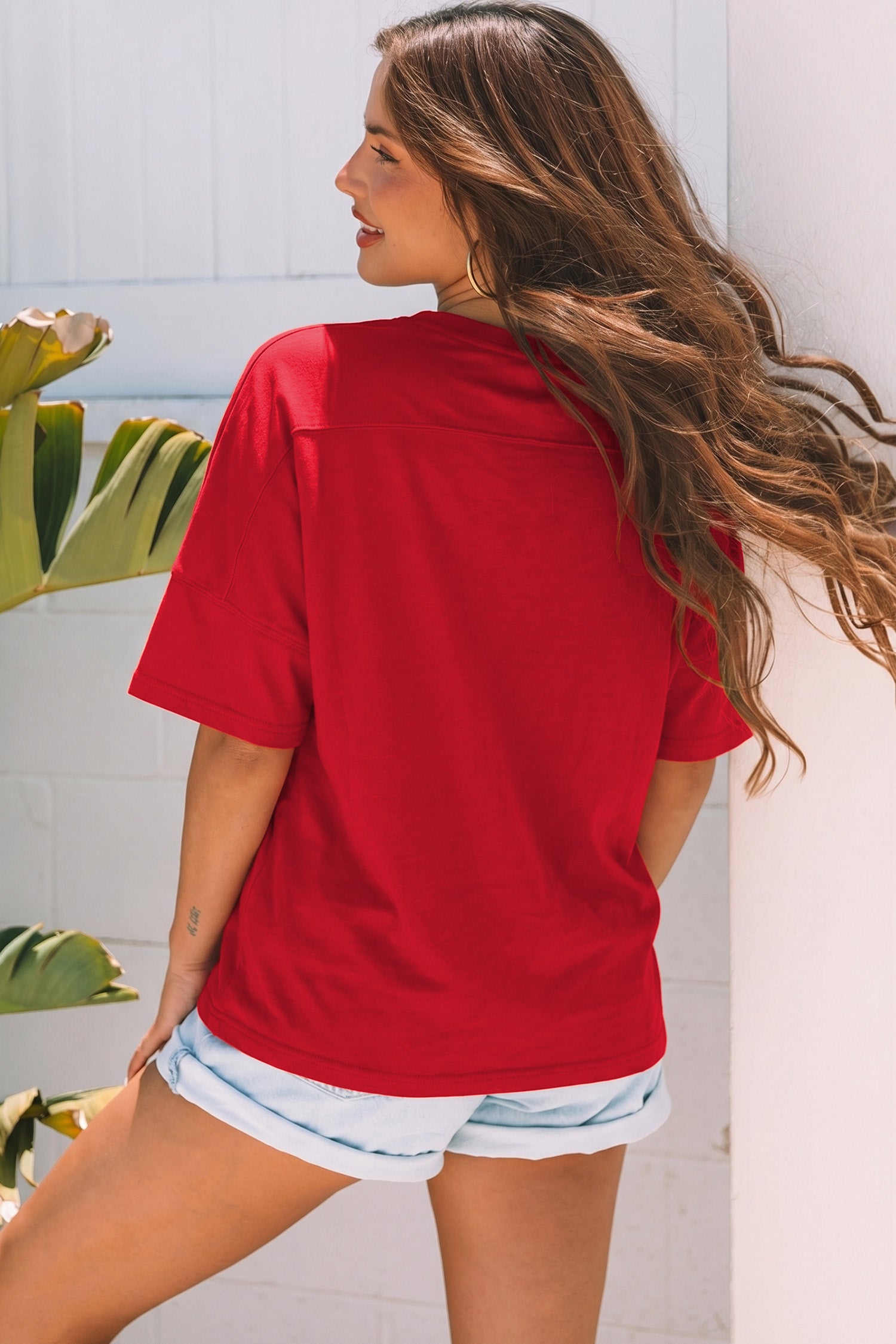 Fiery Red Patriotic Usa Slogan Patch Embroidery Short Sleeve T Shirt-Tops/Tops & Tees-[Adult]-[Female]-2022 Online Blue Zone Planet