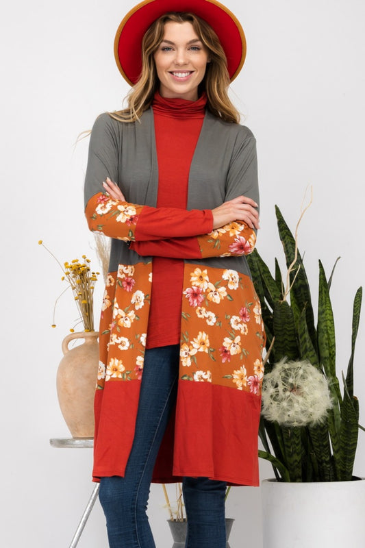 Celeste Full Size Floral Color Block Open Front Cardigan-TOPS / DRESSES-[Adult]-[Female]-Olive/Rust-S-2022 Online Blue Zone Planet