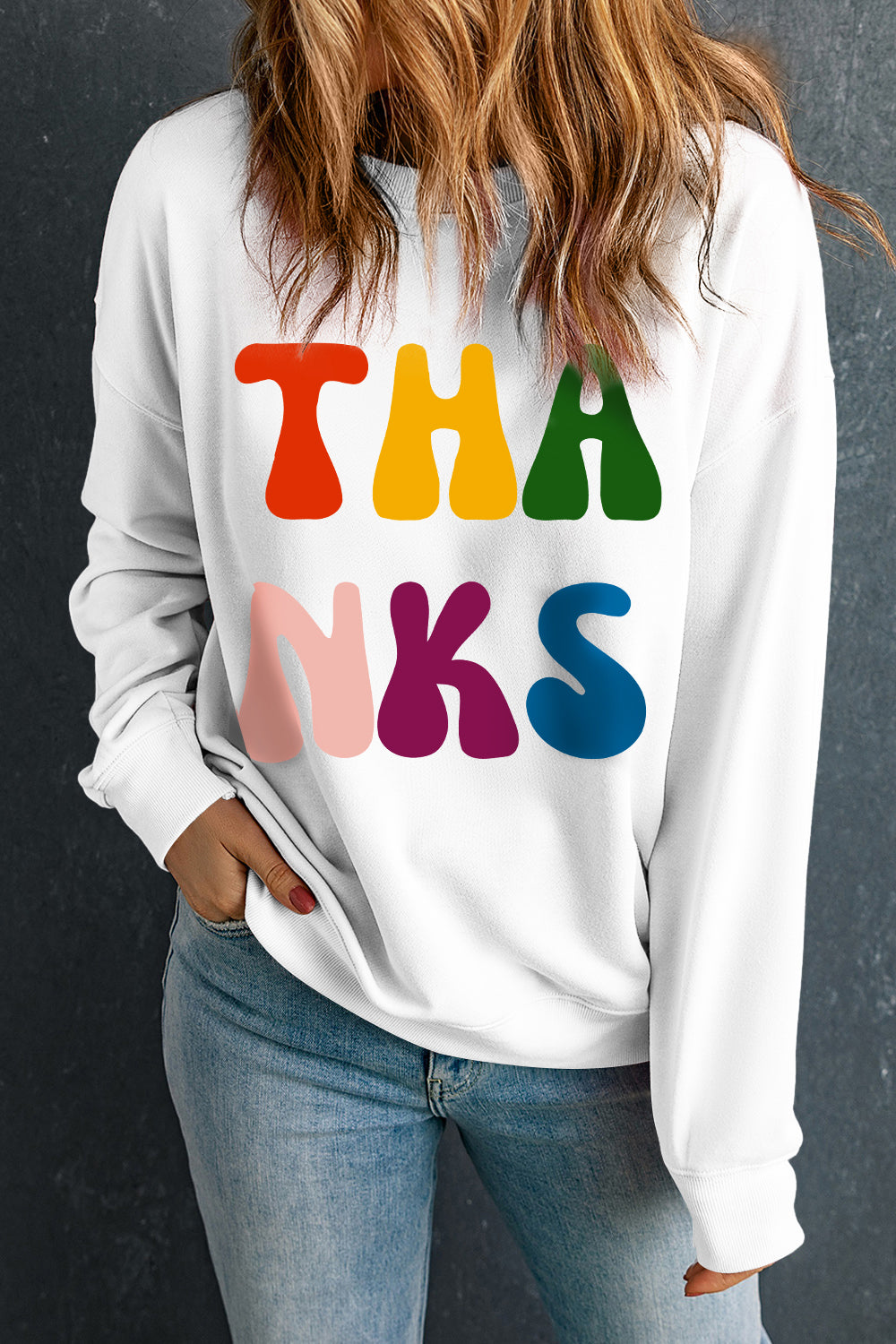 THANKS Round Neck Long Sleeve Sweatshirt-TOPS / DRESSES-[Adult]-[Female]-White-S-2022 Online Blue Zone Planet