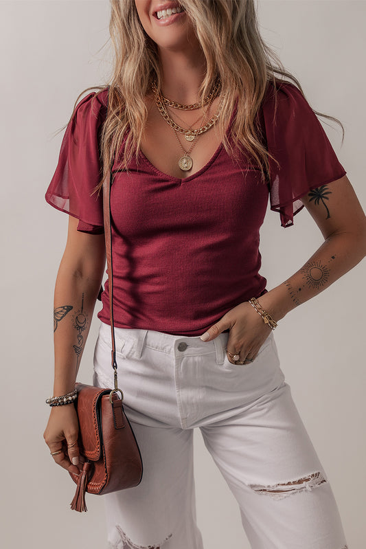 Red Dahlia Mesh Ruffled Sleeve Slim Fit V Neck Top-Tops/Blouses & Shirts-[Adult]-[Female]-Red Dahlia-S-2022 Online Blue Zone Planet