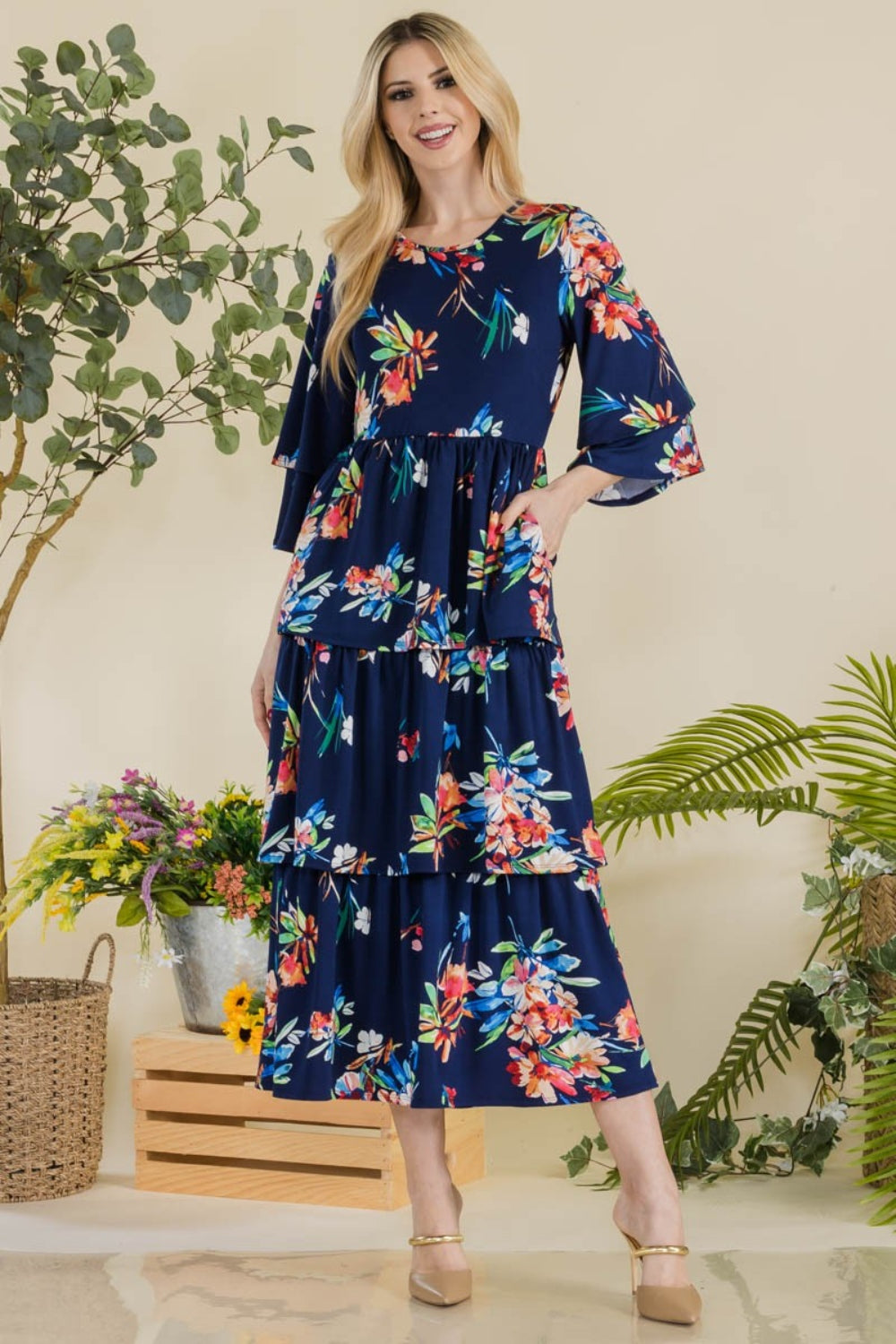 Celeste Full Size Floral Ruffle Tiered Midi Dress-TOPS / DRESSES-[Adult]-[Female]-NAVY FL-S-2022 Online Blue Zone Planet