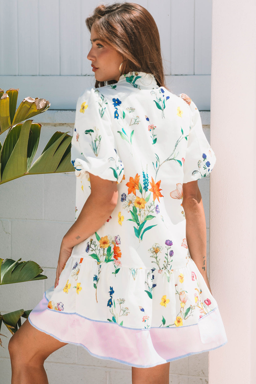 White Floral Print Contrast Striped Patchwork Short Puff Sleeve Dress-TOPS / DRESSES-[Adult]-[Female]-2022 Online Blue Zone Planet