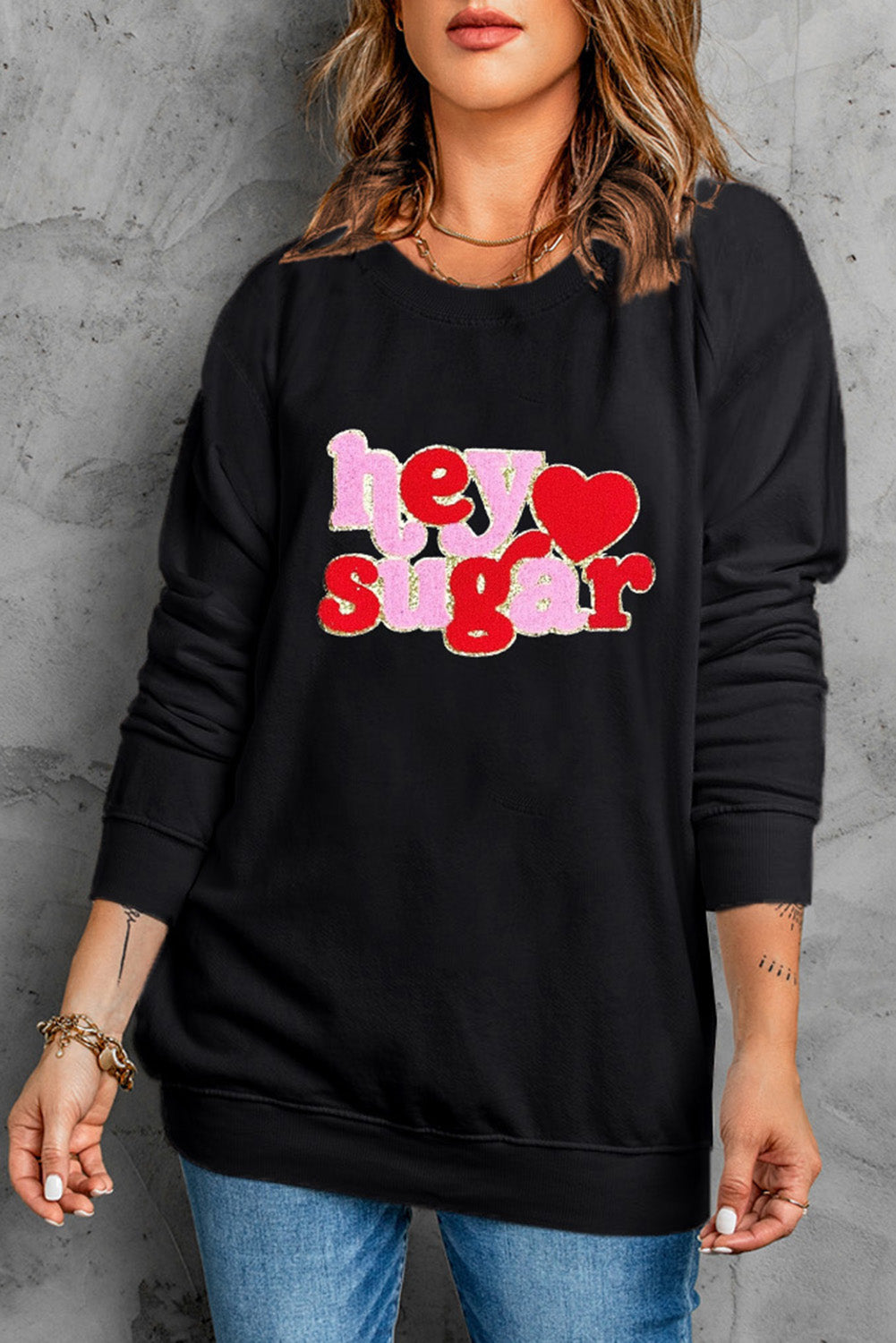 Pink Chenille Heart Pattern Valentines Graphic Sweatshirt-Graphic Sweatshirts-[Adult]-[Female]-2022 Online Blue Zone Planet