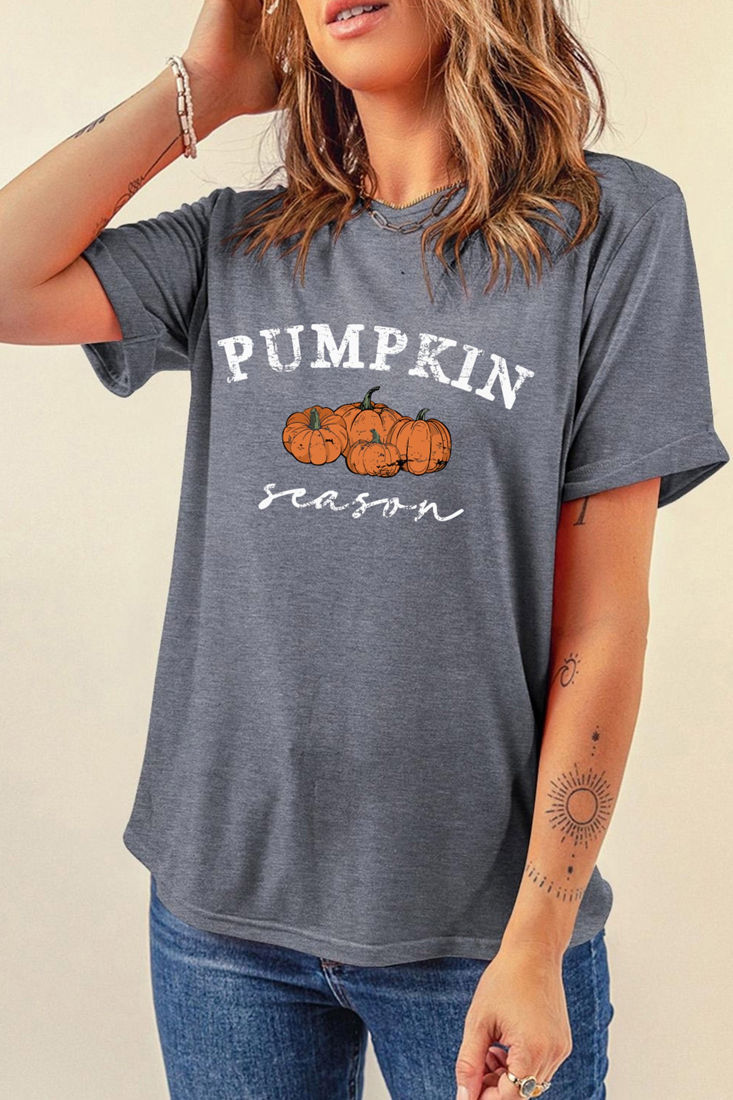 Gray Pumpkin Season Graphic Round Neck Short Sleeve T-Shirt-Graphic/Graphic Tees-[Adult]-[Female]-2022 Online Blue Zone Planet