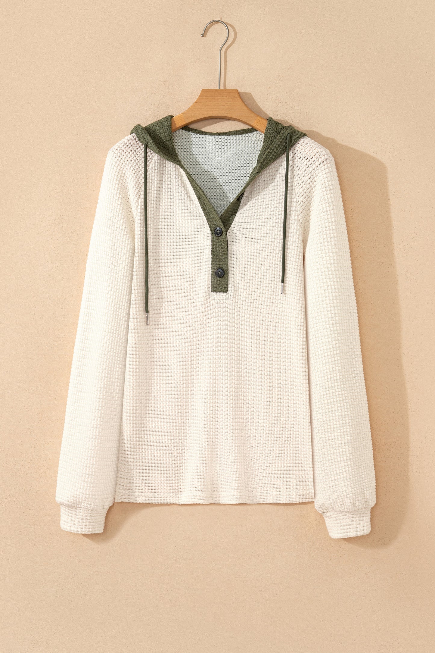 White Waffle Contrast Half Buttoned Hooded Pullover Top-Tops / Dresses-[Adult]-[Female]-2022 Online Blue Zone Planet