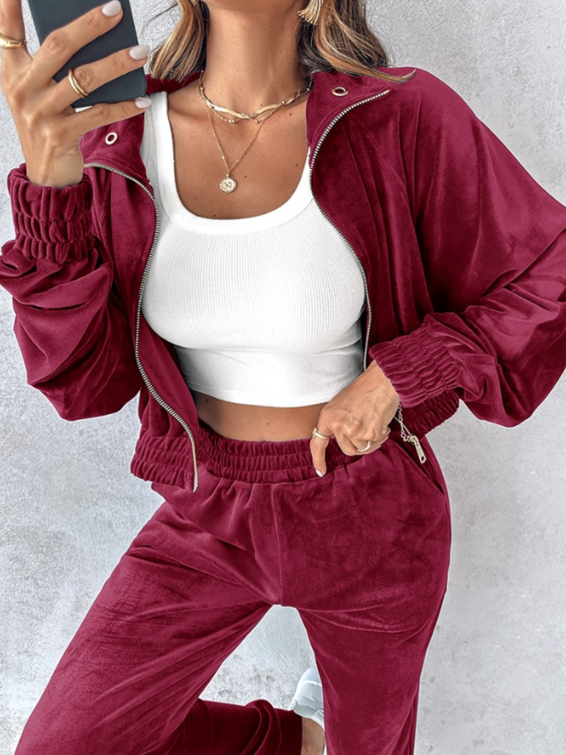 Zip Up Long Sleeve Cropped Top and Joggers Set-BOTTOMS SIZES SMALL MEDIUM LARGE-[Adult]-[Female]-2022 Online Blue Zone Planet