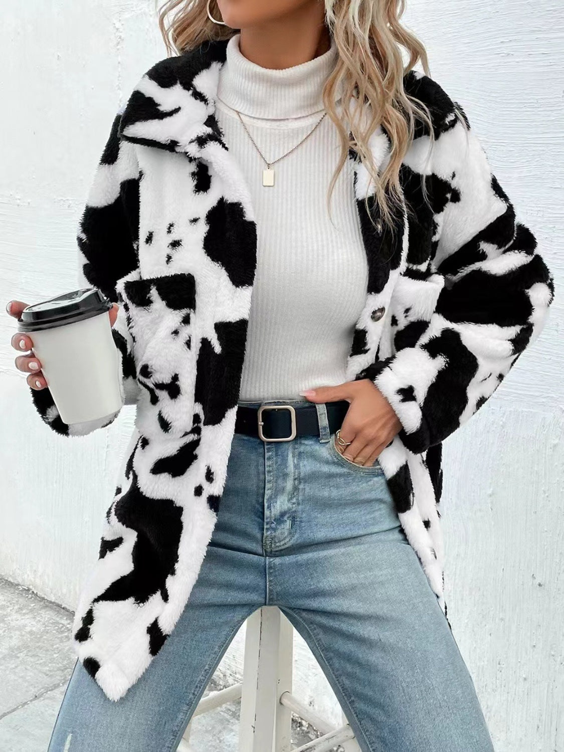 Cow Print Collared Neck Button Up Fuzzy Jacket-TOPS / DRESSES-[Adult]-[Female]-2022 Online Blue Zone Planet