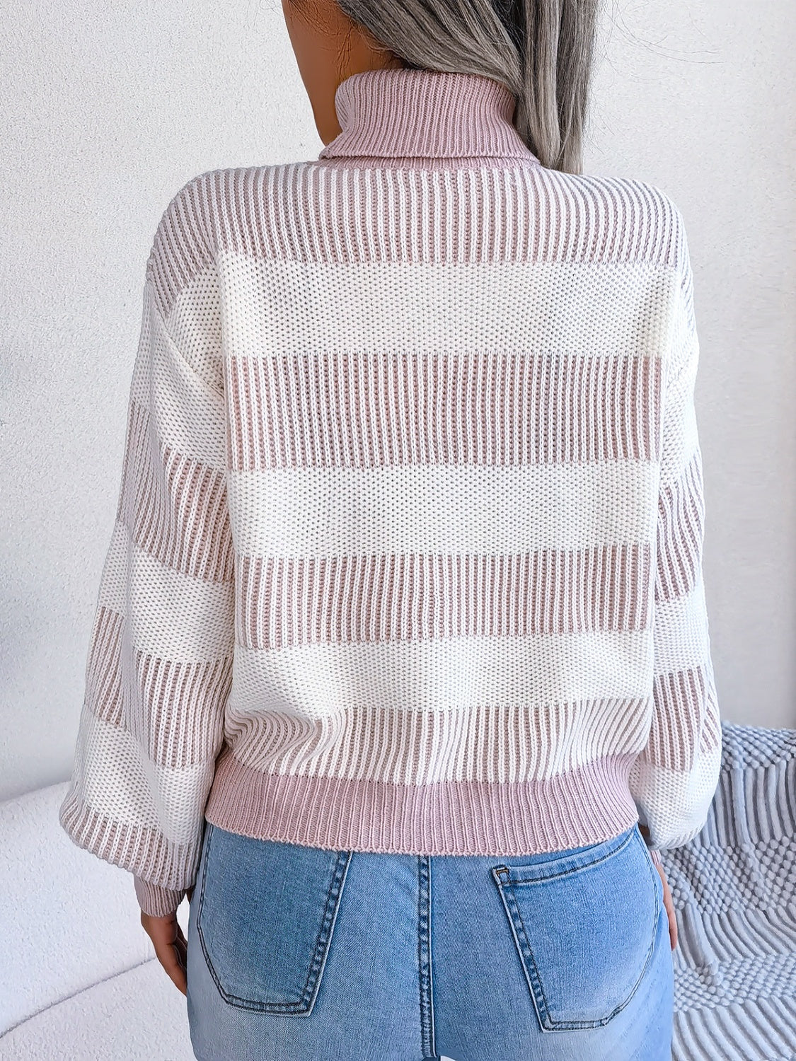 Striped Turtleneck Long Sleeve Sweater-TOPS / DRESSES-[Adult]-[Female]-2022 Online Blue Zone Planet