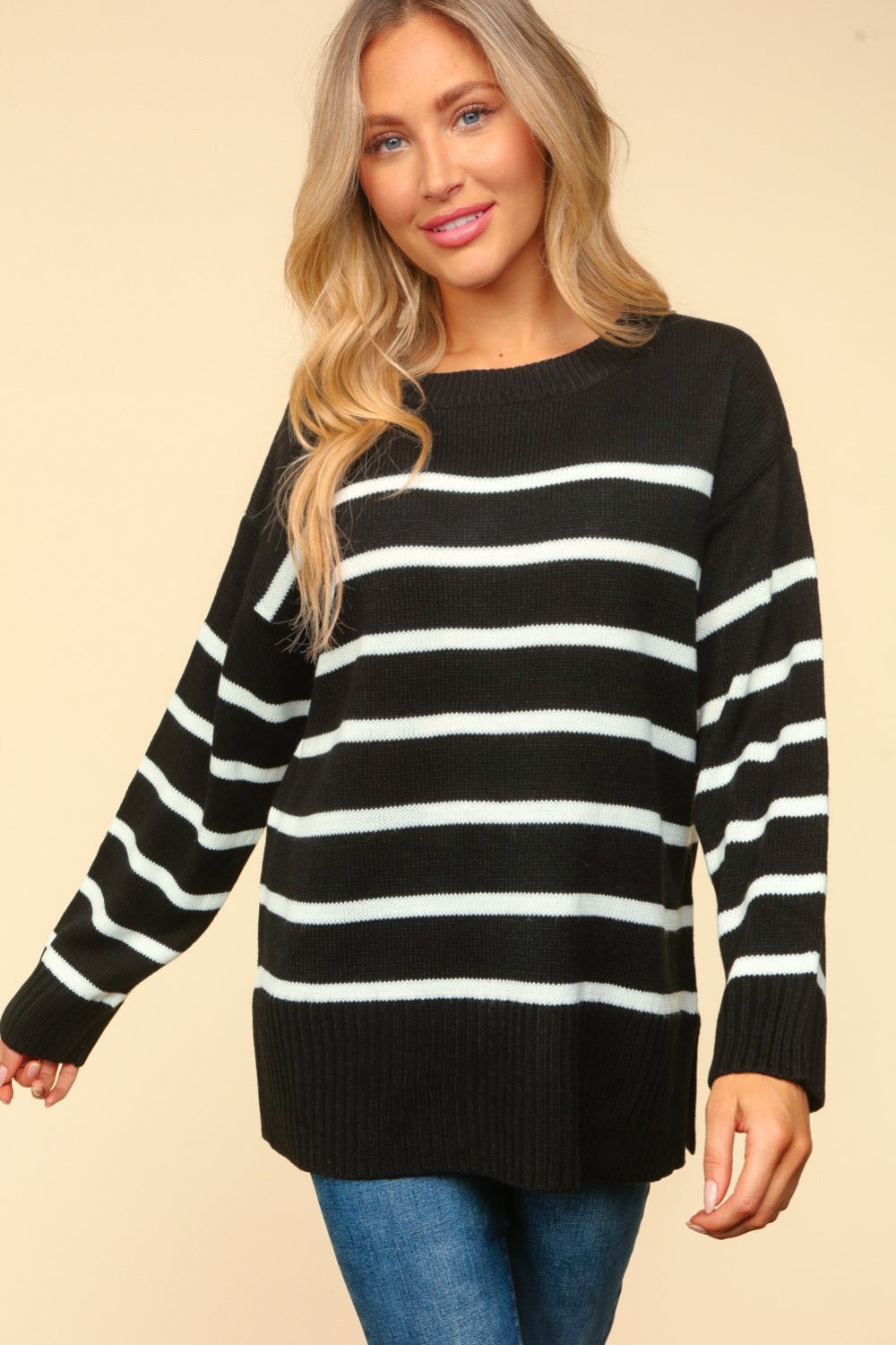 Haptics Full Size Striped Contrast Side Slit Sweater-TOPS / DRESSES-[Adult]-[Female]-2022 Online Blue Zone Planet