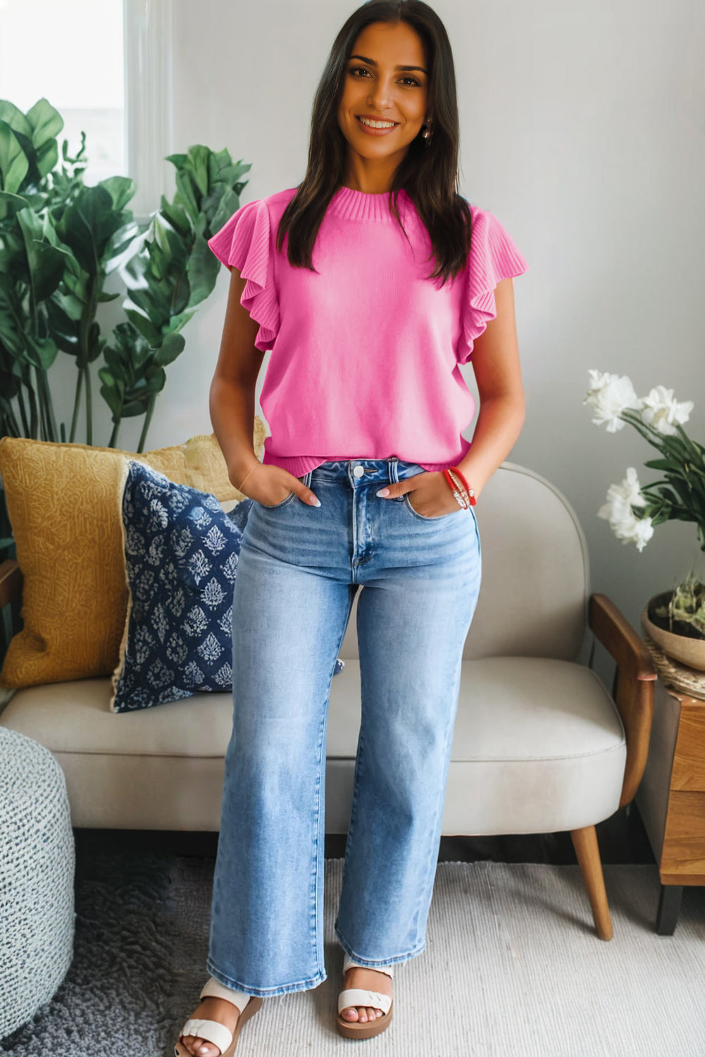 Sachet Pink Solid Color Ribbed Trim Round Neck Ruffle Short Sleeve Sweater-TOPS / DRESSES-[Adult]-[Female]-2022 Online Blue Zone Planet