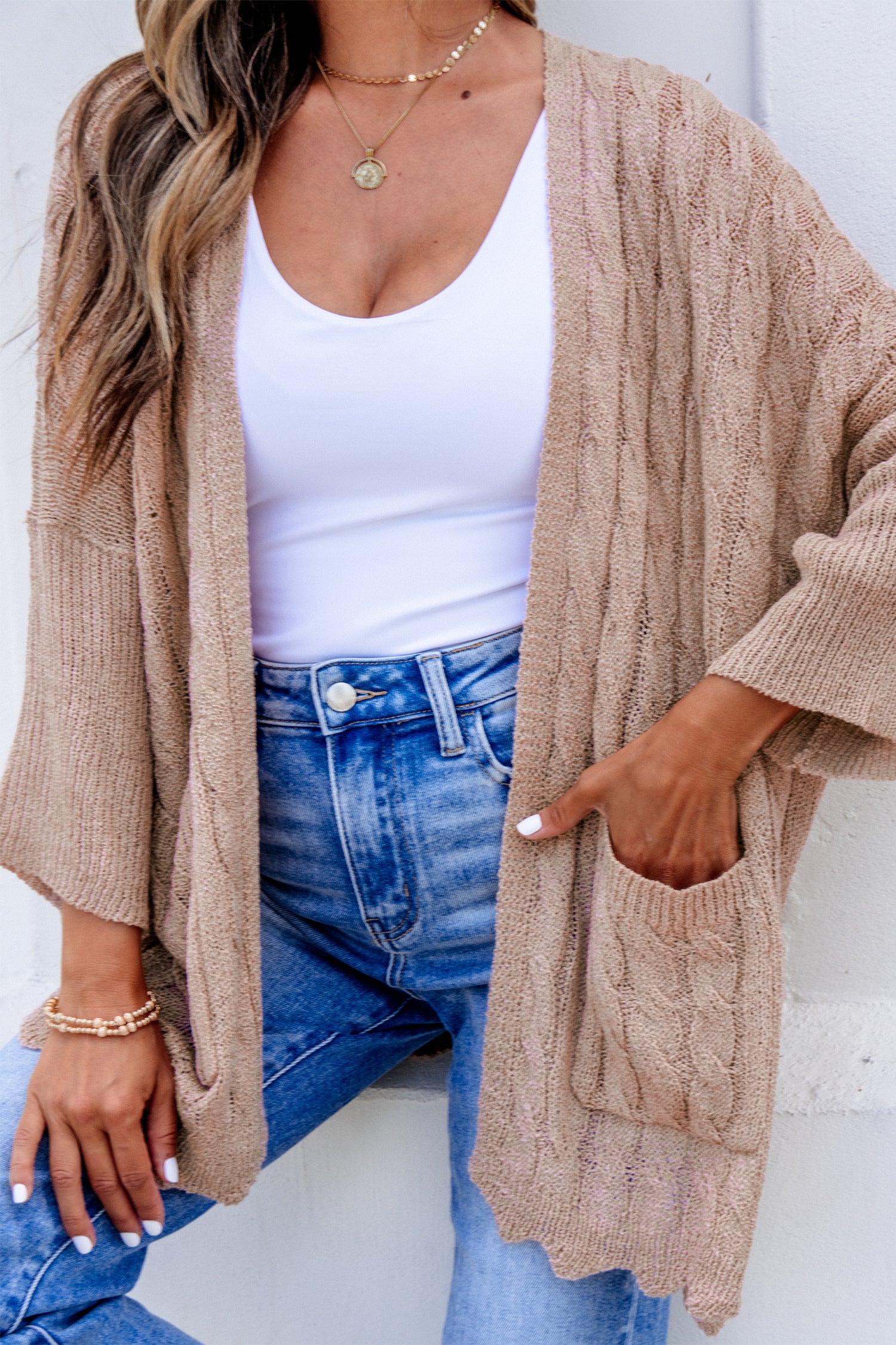 Old Rose Hollowed Pattern Knit Drop Shoulder Open Sweater Cardigan-Sweaters & Cardigans/Cardigans-[Adult]-[Female]-2022 Online Blue Zone Planet