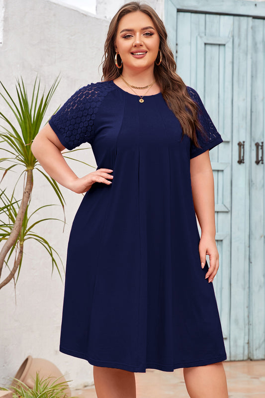Navy Blue Plus Size Solid Color Lace Short Sleeve Pleated Swing Dress-TOPS / DRESSES-[Adult]-[Female]-Navy Blue-1X-2022 Online Blue Zone Planet