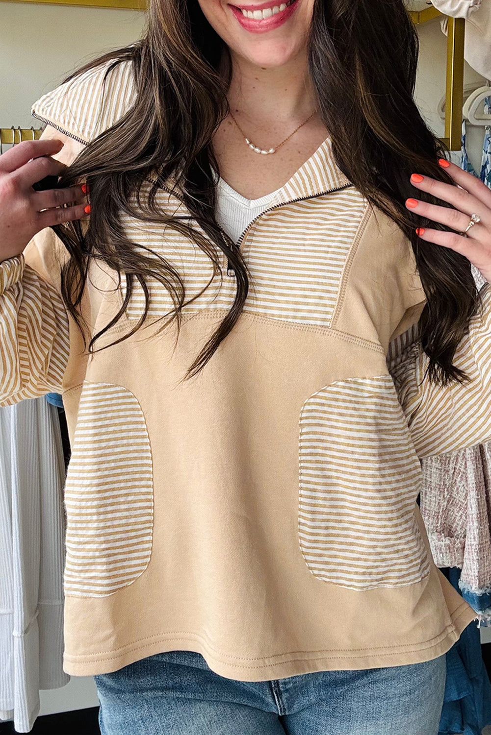 Smoke Gray Quarter Zip Striped Patchwork Drop Shoulder Loose Long Sleeve Top-Tops/Long Sleeve Tops-[Adult]-[Female]-Smoke Gray-S-2022 Online Blue Zone Planet