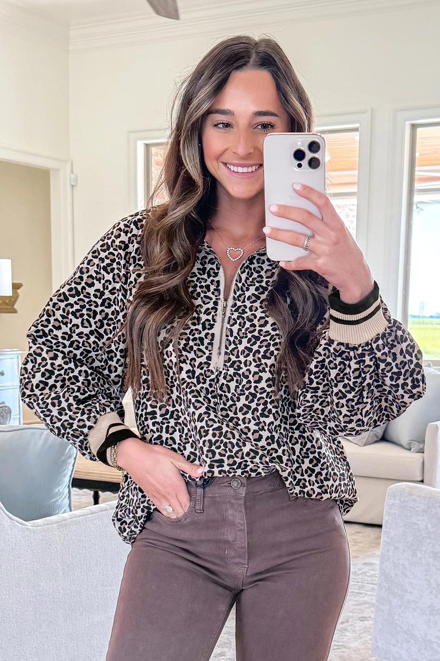 Khaki Leopard Print Half Zip Up Blouse-Tops/Blouses & Shirts-[Adult]-[Female]-2022 Online Blue Zone Planet