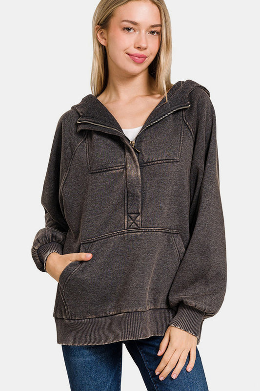 Zenana Acid Wash Fleece Kangaroo Hoodie-TOPS / DRESSES-[Adult]-[Female]-Ash Black-S-2022 Online Blue Zone Planet