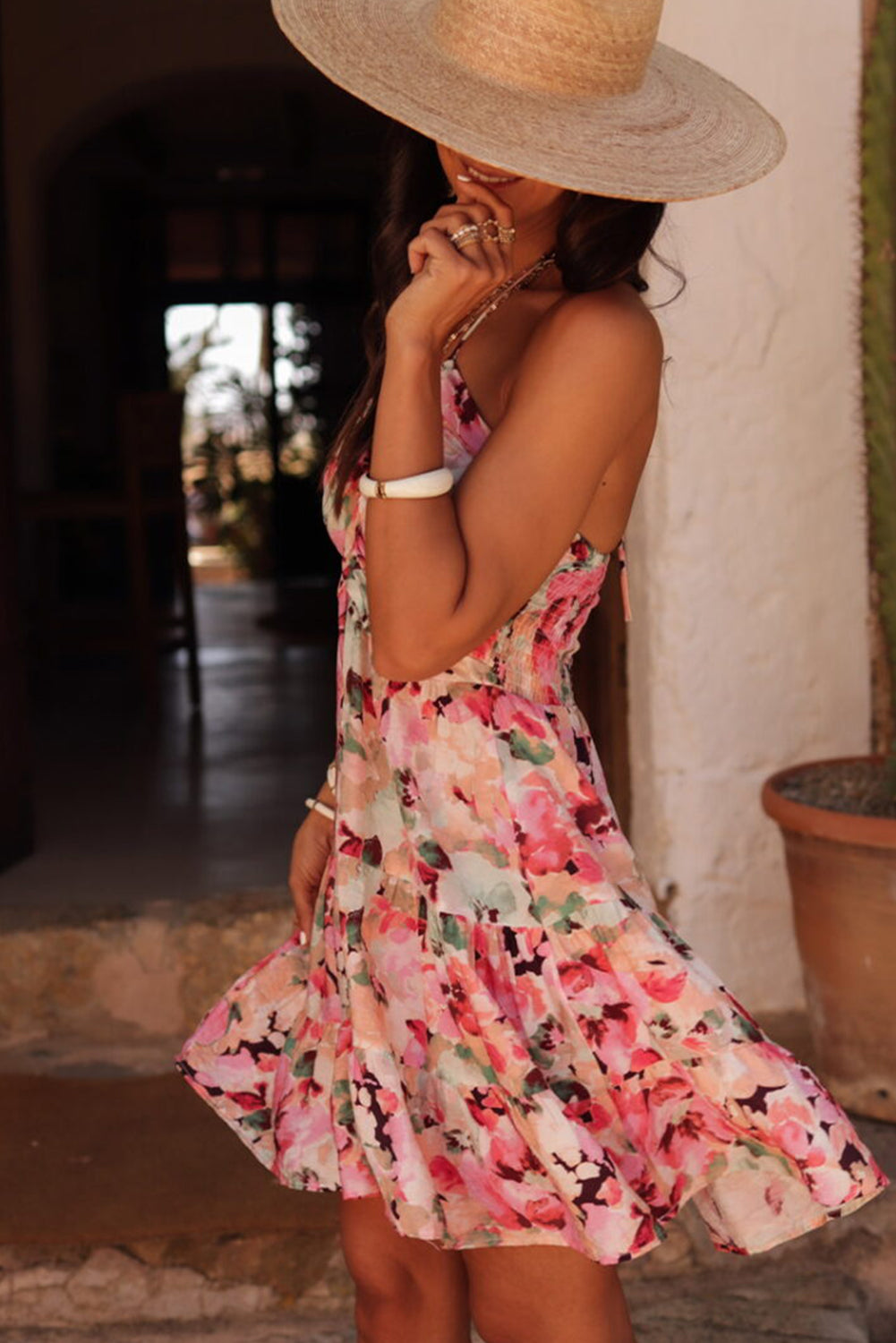 Pink Floral Sleeveless Halter Neck Shirred Back Ruffled Mini Dress-Dresses/Floral Dresses-[Adult]-[Female]-2022 Online Blue Zone Planet