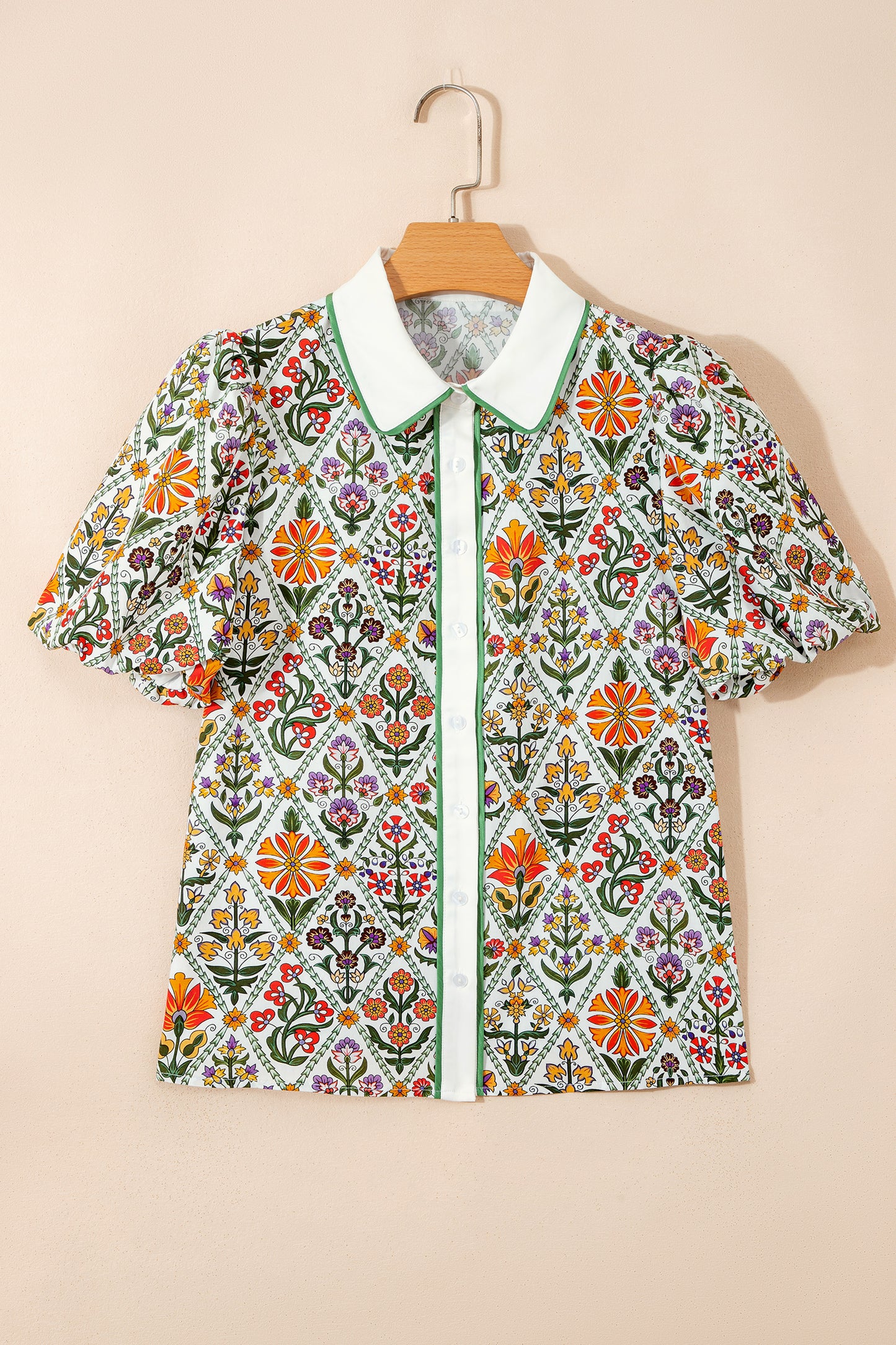 Green Short Bubble Sleeve Floral Shirt-Tops/Blouses & Shirts-[Adult]-[Female]-2022 Online Blue Zone Planet