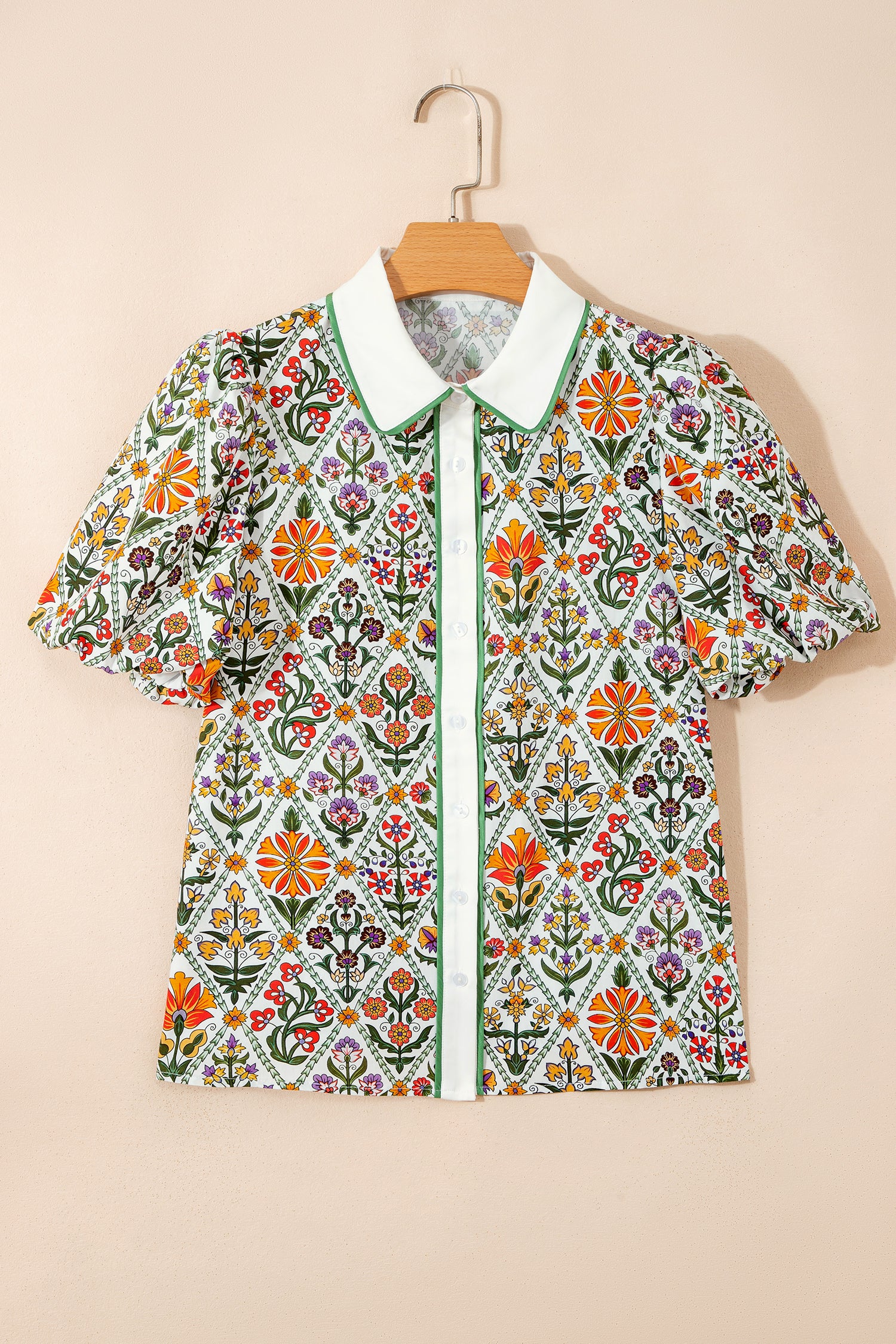 Green Short Bubble Sleeve Floral Shirt-Tops/Blouses & Shirts-[Adult]-[Female]-2022 Online Blue Zone Planet