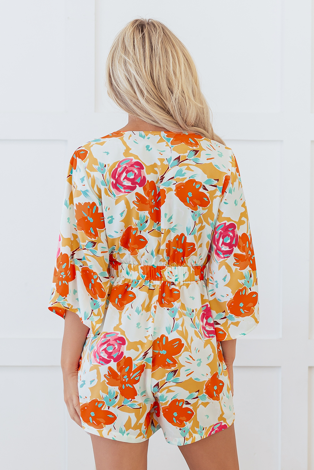 Blue Zone Planet | Orange Blooming Floral Print Front Tie Romper-Bottoms/Jumpsuits & Rompers-[Adult]-[Female]-2022 Online Blue Zone Planet