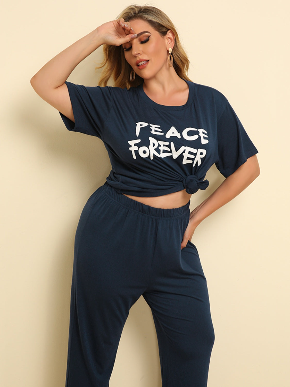 Blue Zone Planet | Plus Size PEACE FOREVER Short Sleeve Top and Pants Set-TOPS / DRESSES-[Adult]-[Female]-2022 Online Blue Zone Planet