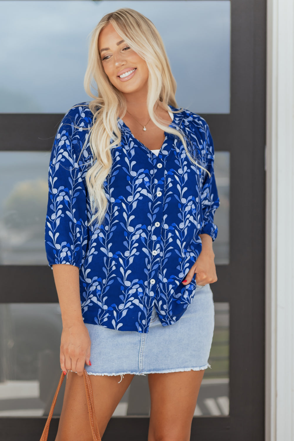 Blue Botanical Print Bracelet Sleeve Notched Neck Blouse-Bracelet-[Adult]-[Female]-2022 Online Blue Zone Planet