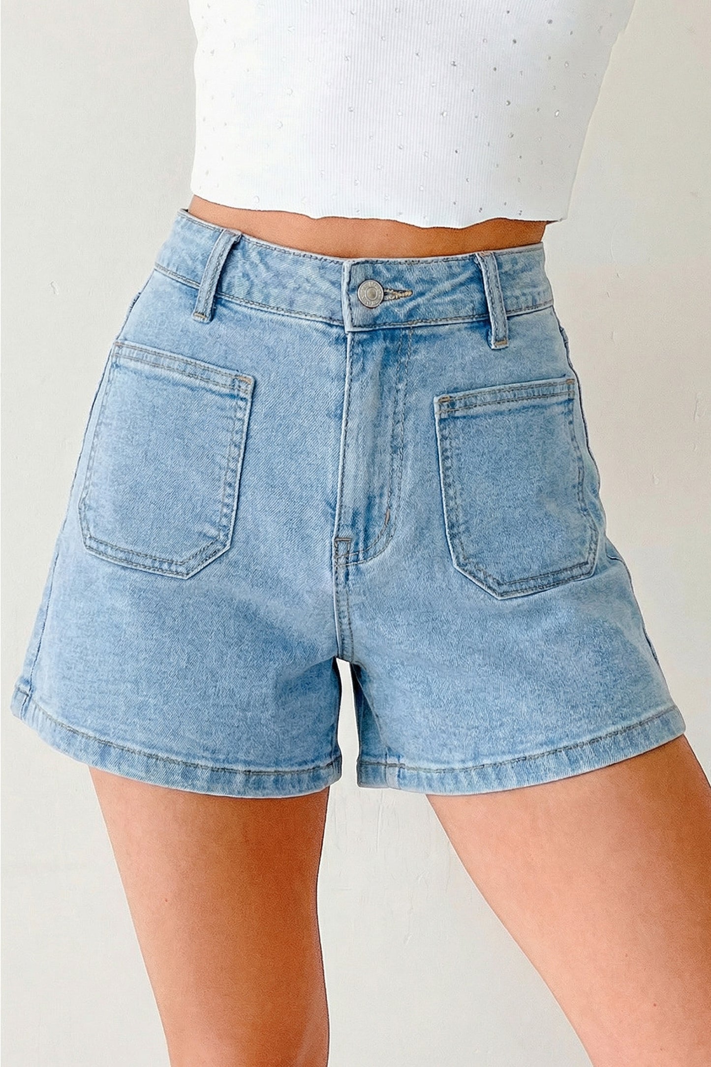 Myosotis High Rise Patch Pocket Denim Shorts-Bottoms/Denim Shorts-[Adult]-[Female]-2022 Online Blue Zone Planet