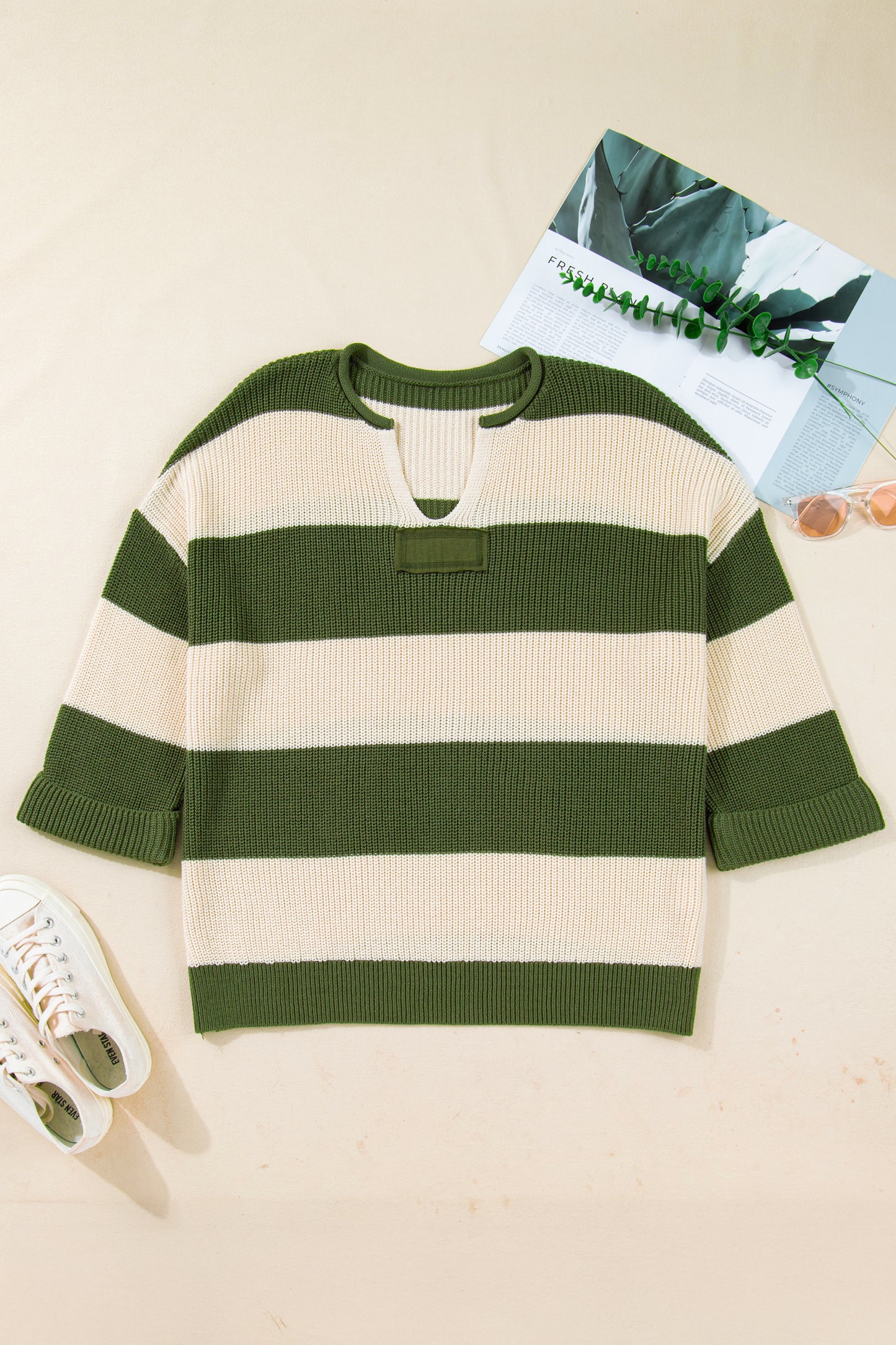 Green Stripe Colorblock Notched Neck Plus Size Sweater-TOPS / DRESSES-[Adult]-[Female]-2022 Online Blue Zone Planet