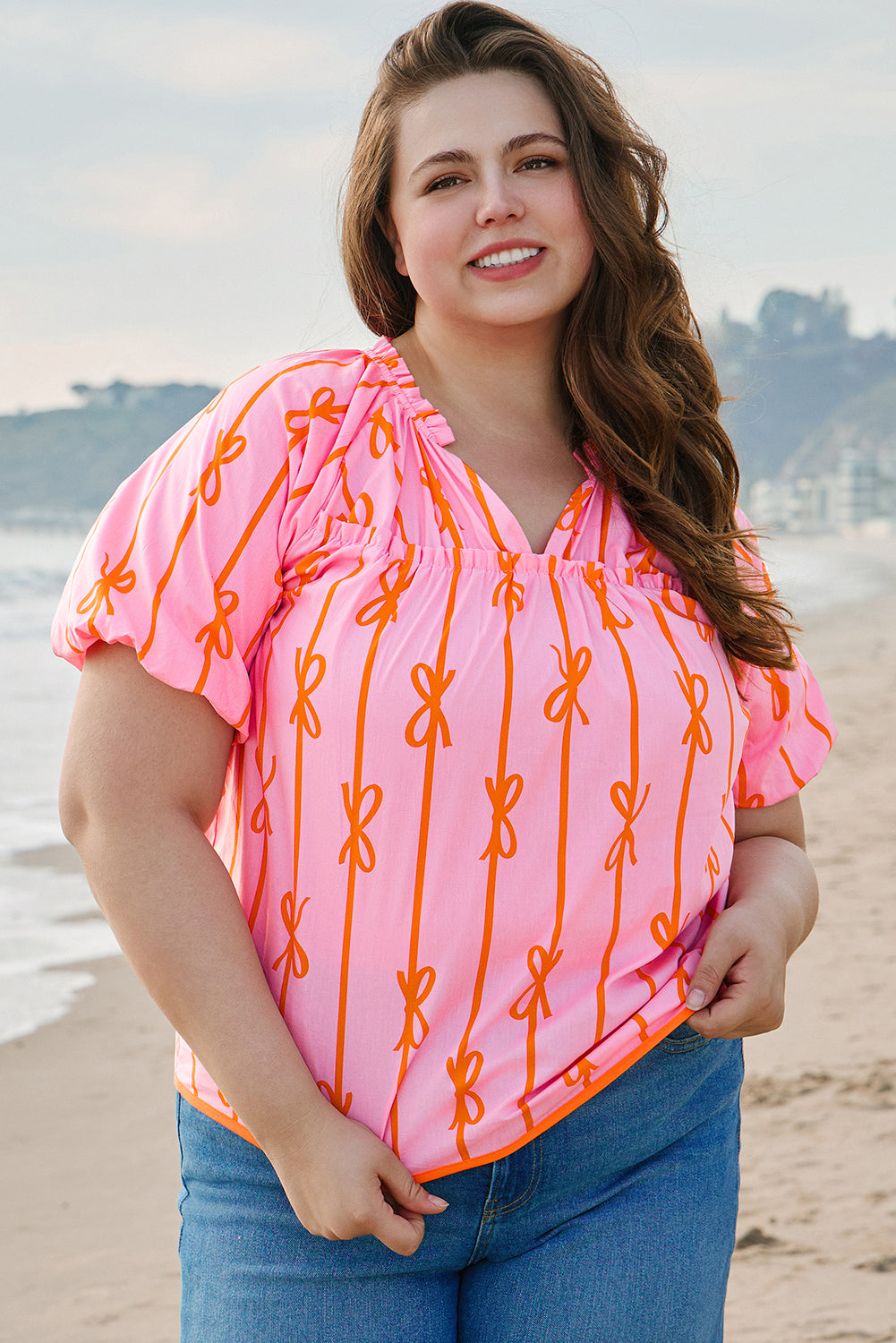 Blue Zone Planet | Rose Bowknot Print Shirred V Neck Puff Sleeve Plus Size Blouse-Plus Size/Plus Size Tops/Plus Size Blouses & Shirts-[Adult]-[Female]-2022 Online Blue Zone Planet