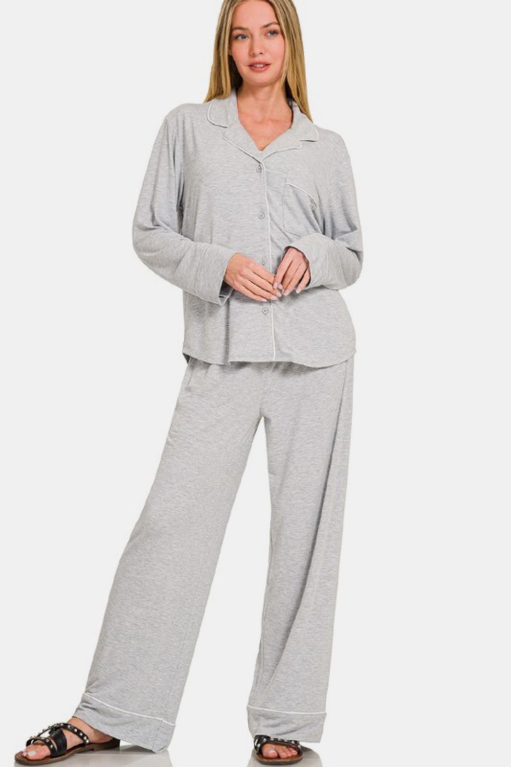 Blue Zone Planet | Zenana Button Down Long Sleeve Top and Pants Lounge Set-TOPS / DRESSES-[Adult]-[Female]-Light Gray-S-2022 Online Blue Zone Planet