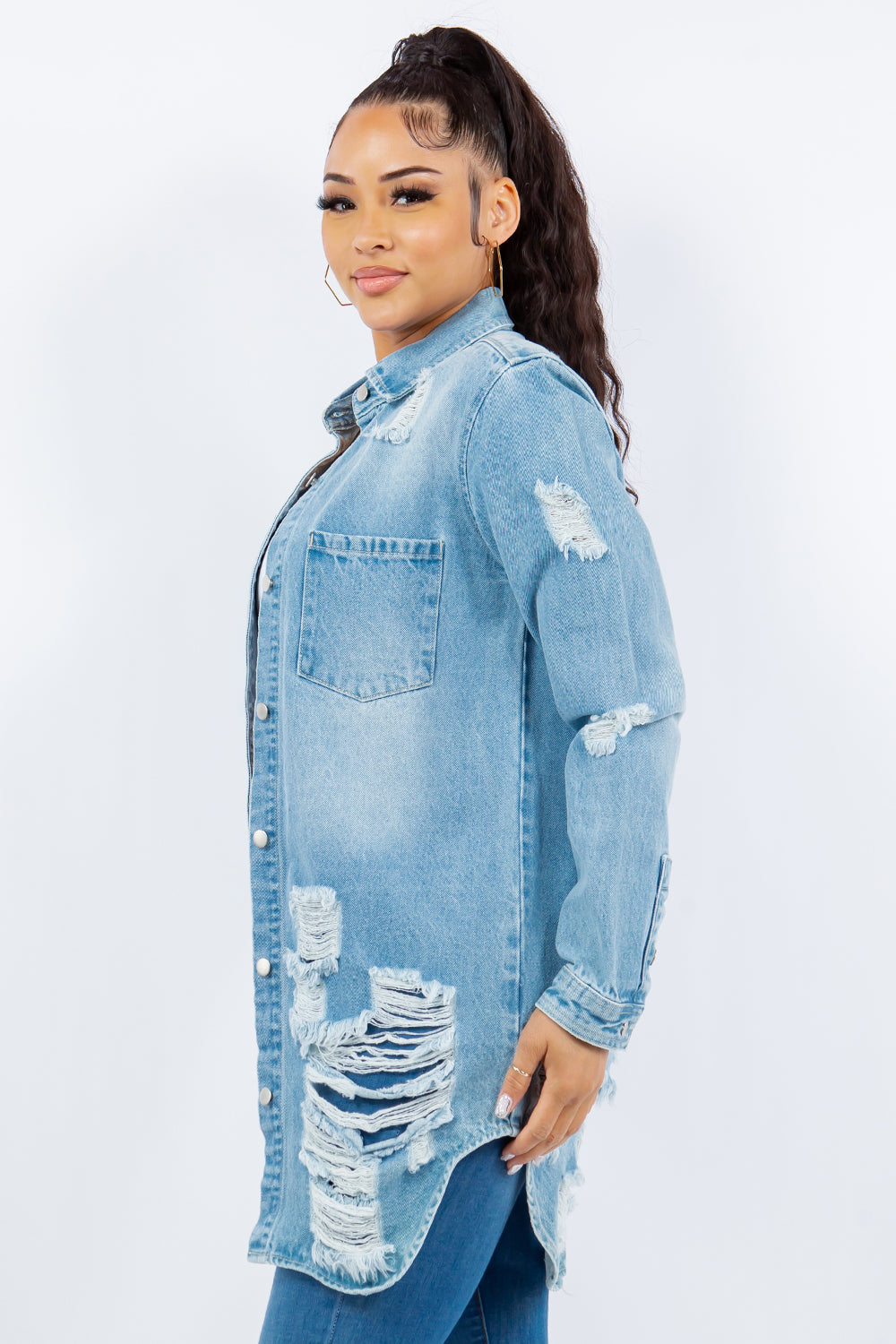 American Bazi Distressed Button Up Long Sleeve Denim Jacket-TOPS / DRESSES-[Adult]-[Female]-2022 Online Blue Zone Planet