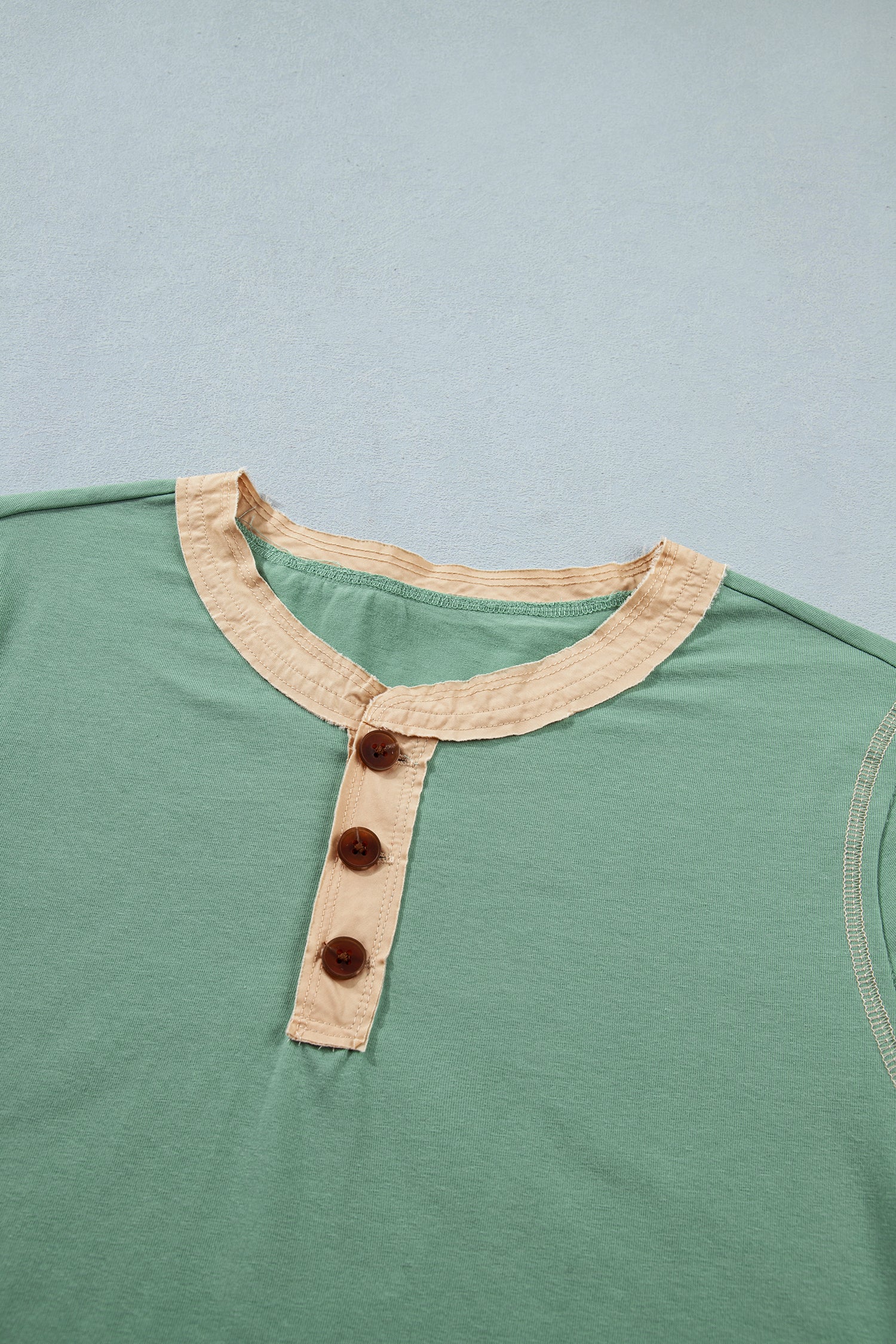 Light Grey Raw Seam Color Block Detail Buttoned Henley Tee-Tops/Tops & Tees-[Adult]-[Female]-2022 Online Blue Zone Planet