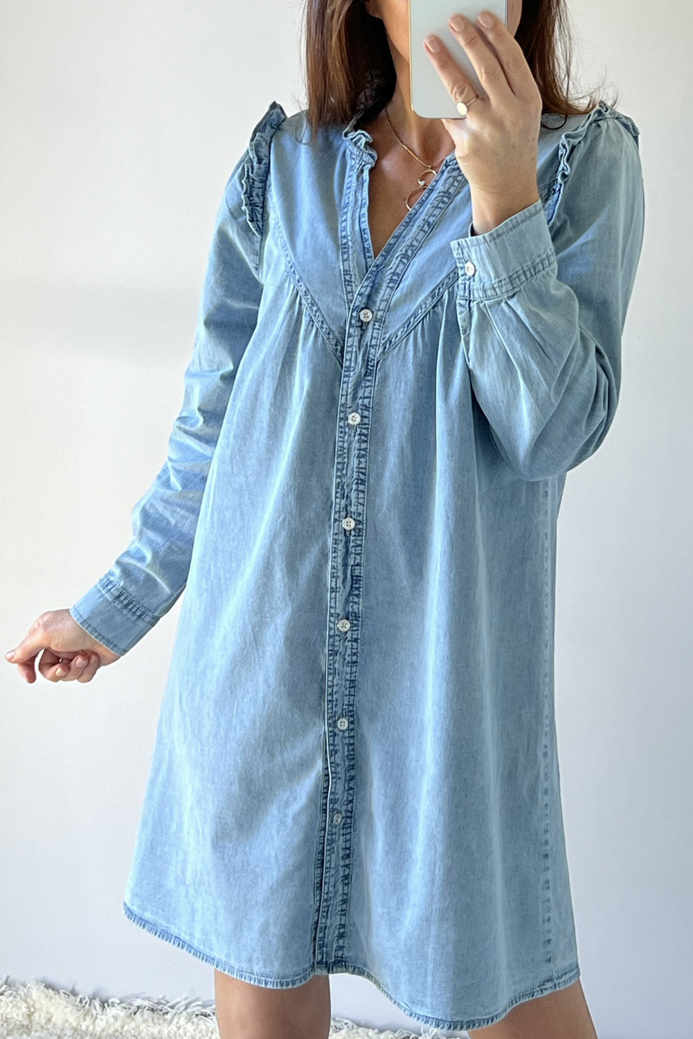 Blue Zone Planet | Myosotis Ruffled V Neck Buttoned Shift Denim Dress-TOPS / DRESSES-[Adult]-[Female]-Myosotis-S-2022 Online Blue Zone Planet