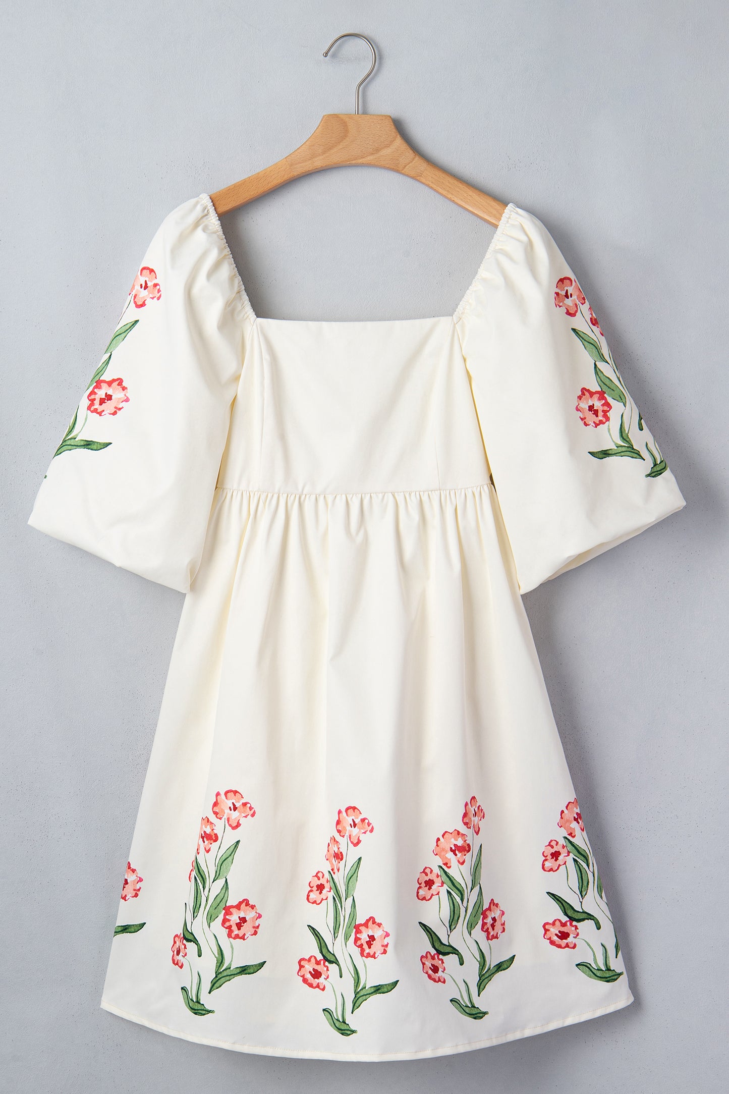 Beige Floral Print Puff Sleeve Babydoll Dress-TOPS / DRESSES-[Adult]-[Female]-2022 Online Blue Zone Planet